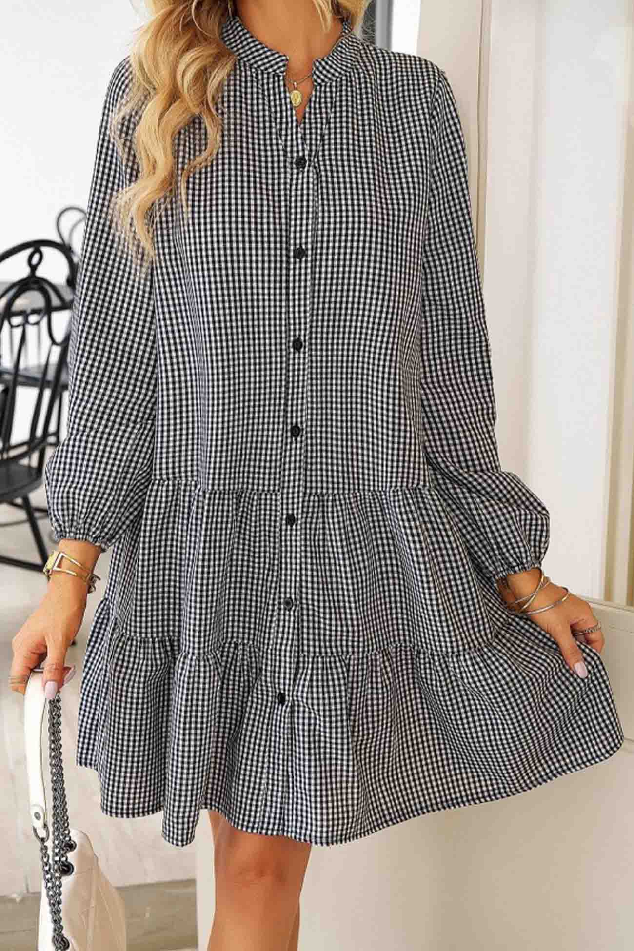 Plaid Button A-line Tiered Dress