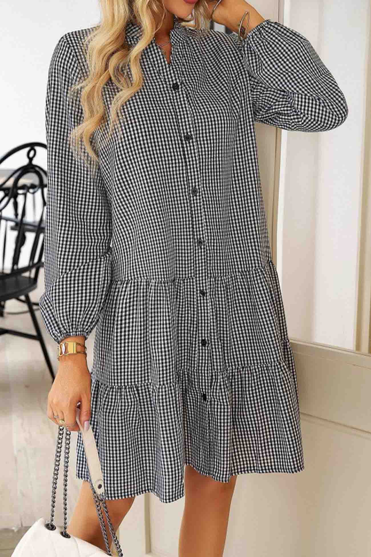 Plaid Button A-line Tiered Dress