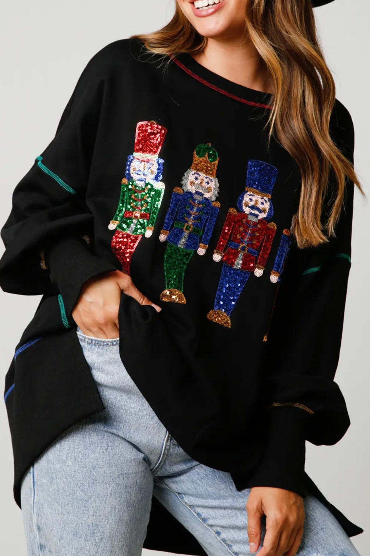 Sequin Graphic Slit Hem Sweatshirt