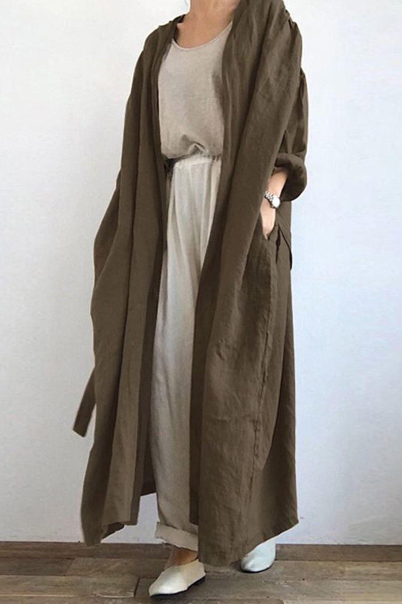 Solid Color Pocketed Long Trench Coat