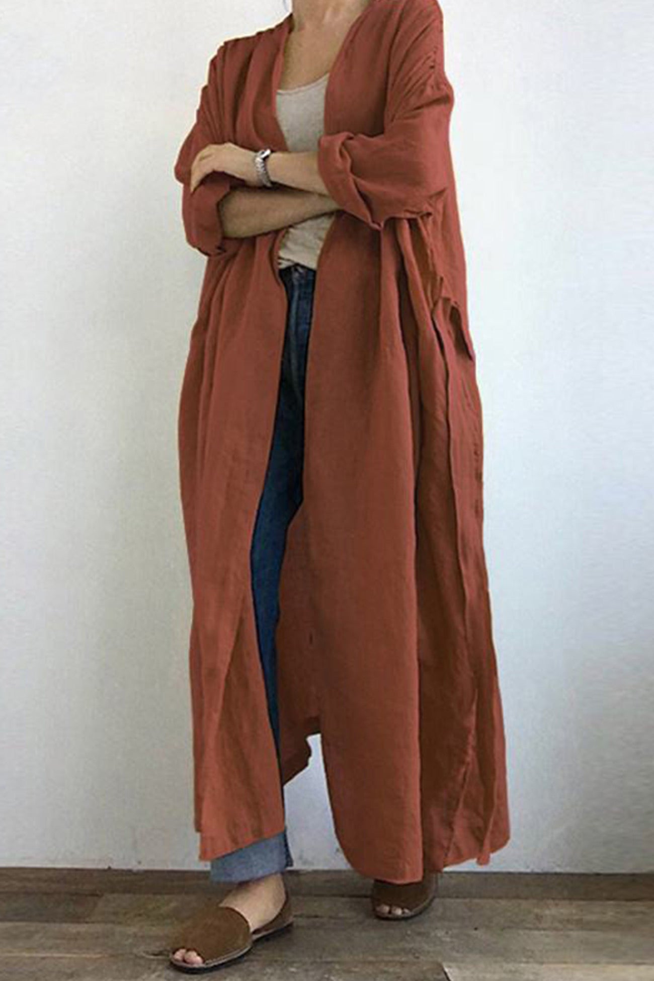 Solid Color Pocketed Long Trench Coat