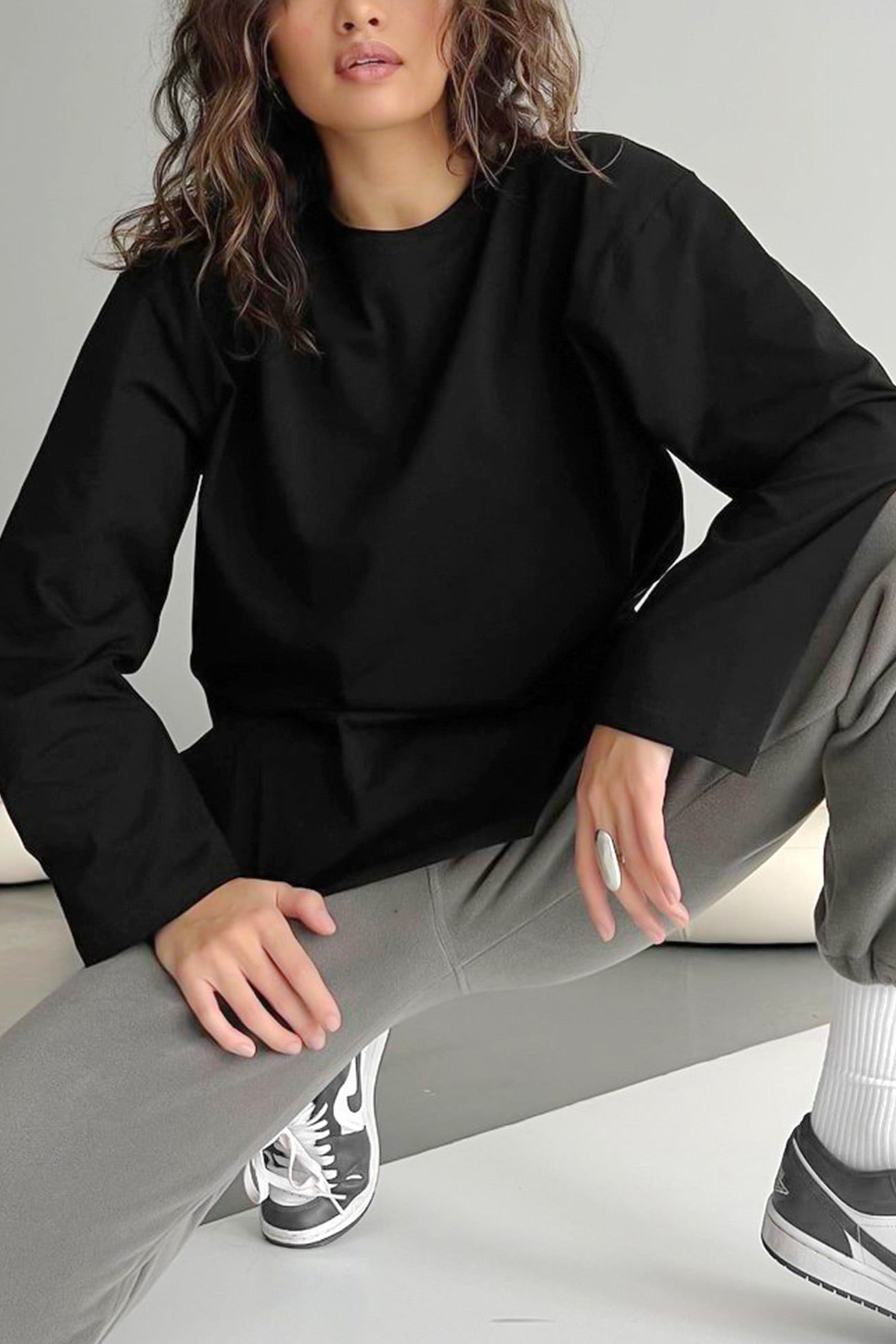 Solid Crew Neck Slit Cotton Sweatshirt