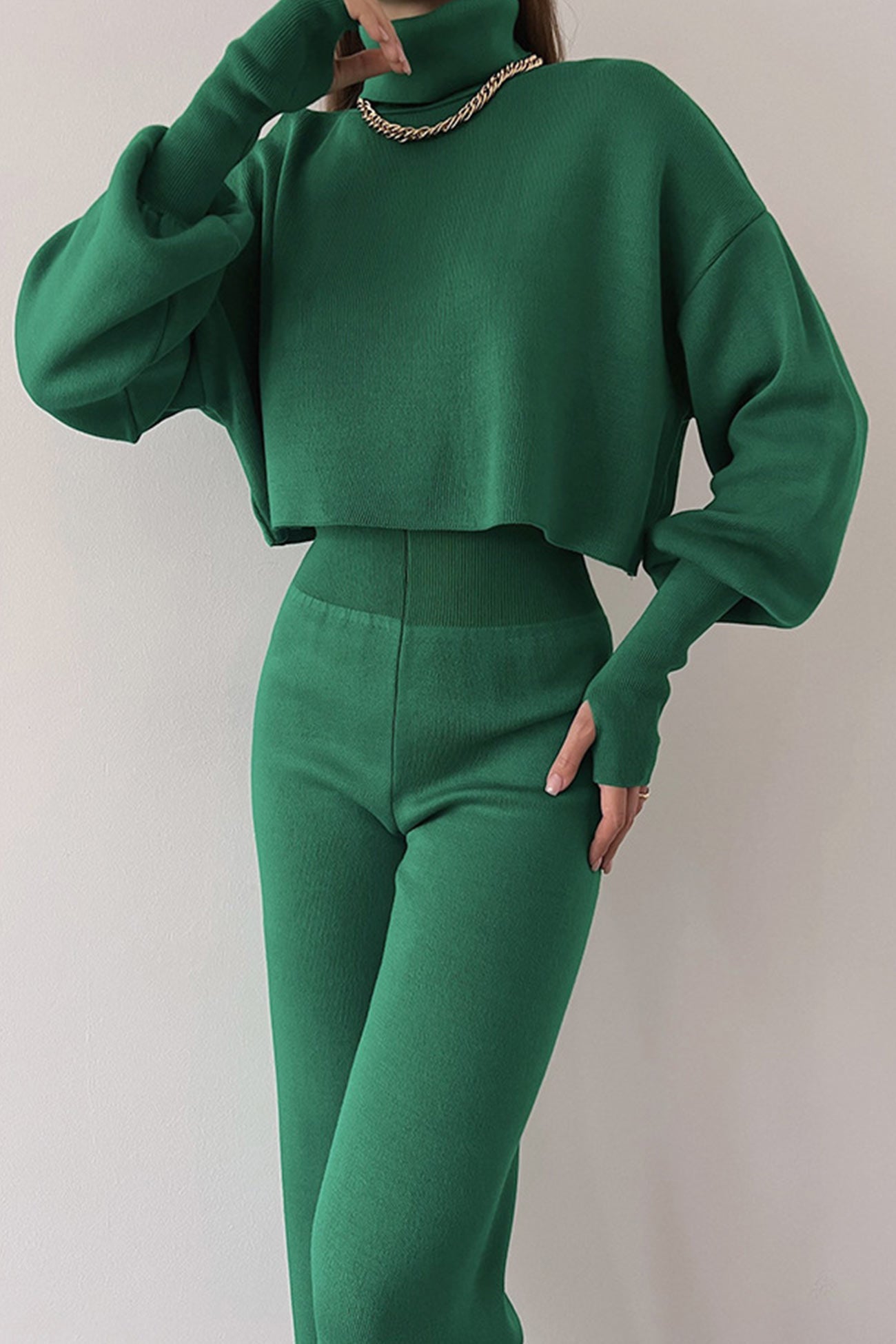 Solid High Neck Crop Top Long Pants Set