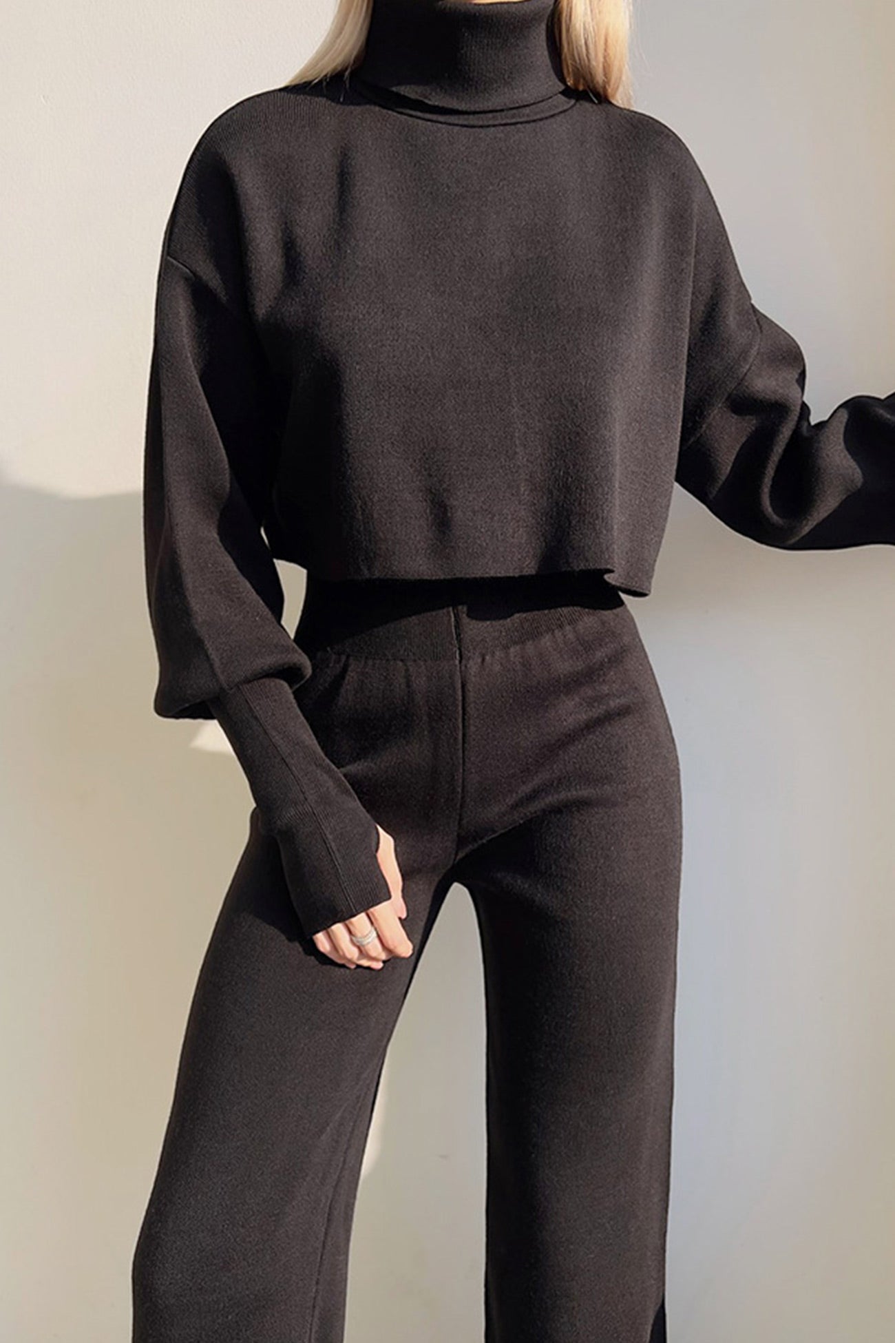 Solid High Neck Crop Top Long Pants Set