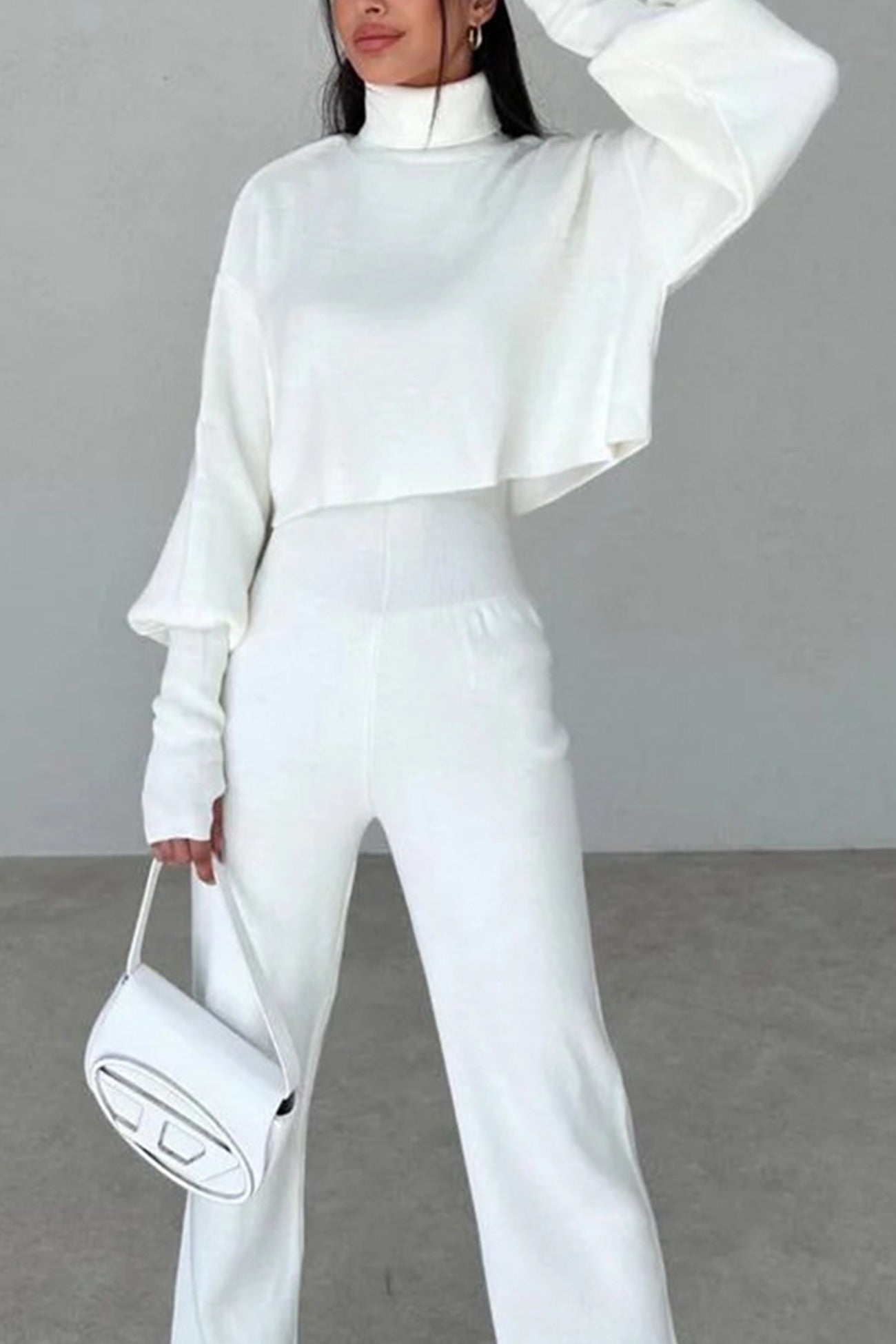 Solid High Neck Crop Top Long Pants Set