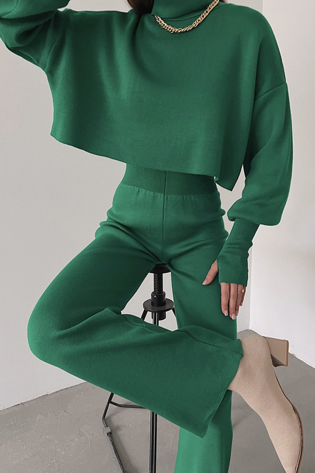 Solid High Neck Crop Top Long Pants Set