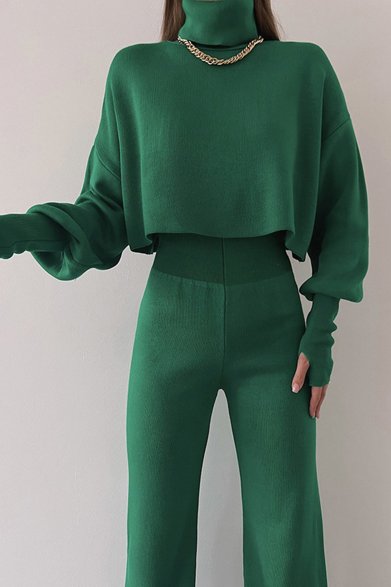 Solid High Neck Crop Top Long Pants Set