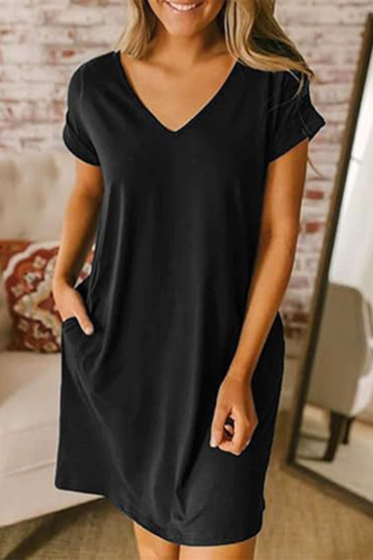 V Neck Pocket Short Dolman Sleeve Mini Dress