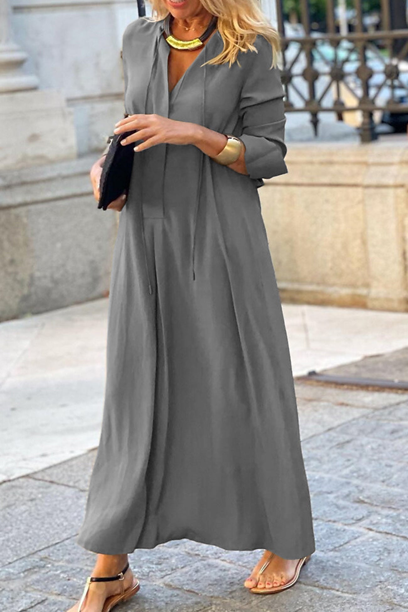 Tie-up Long Sleeve Maxi Dress