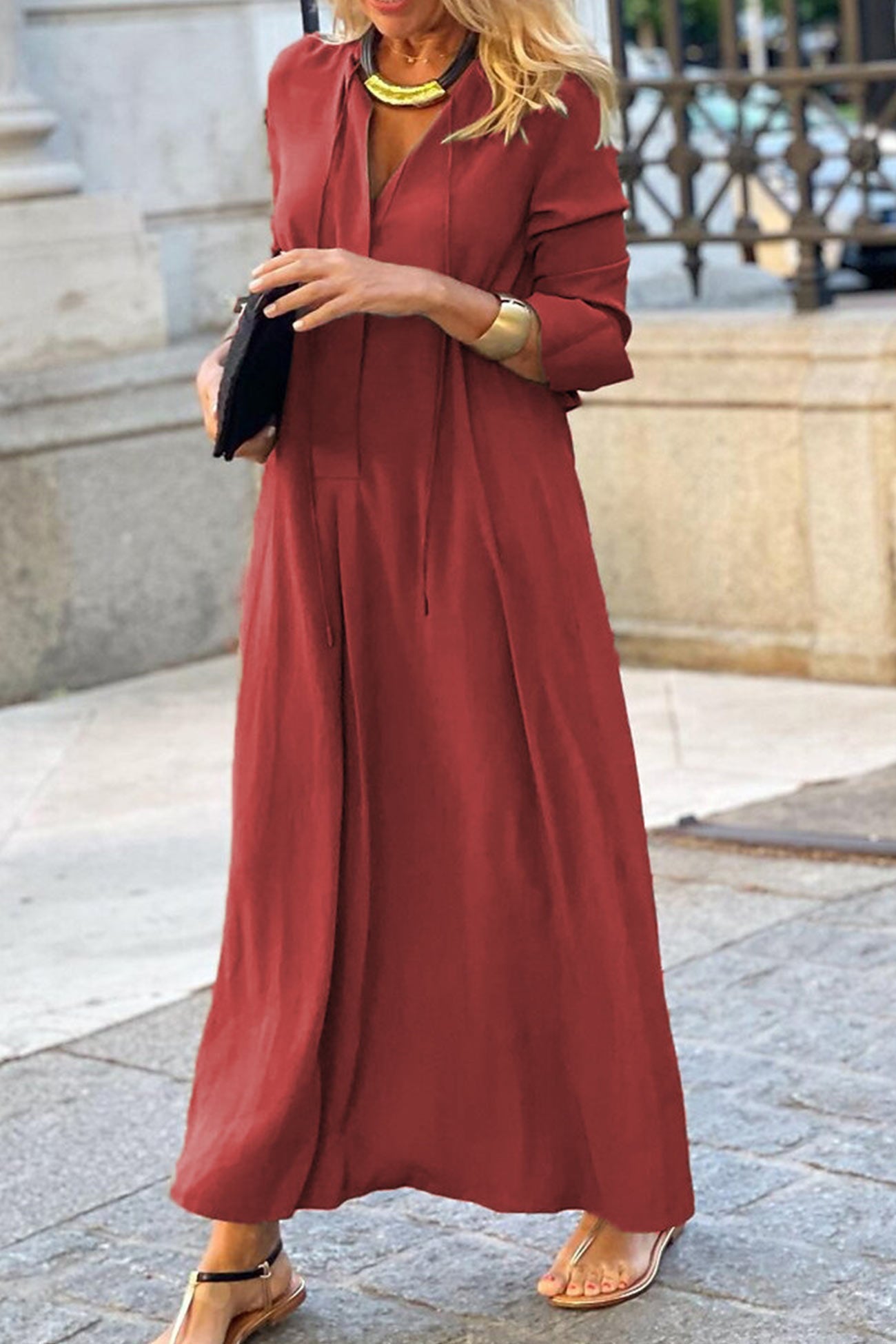 Tie-up Long Sleeve Maxi Dress