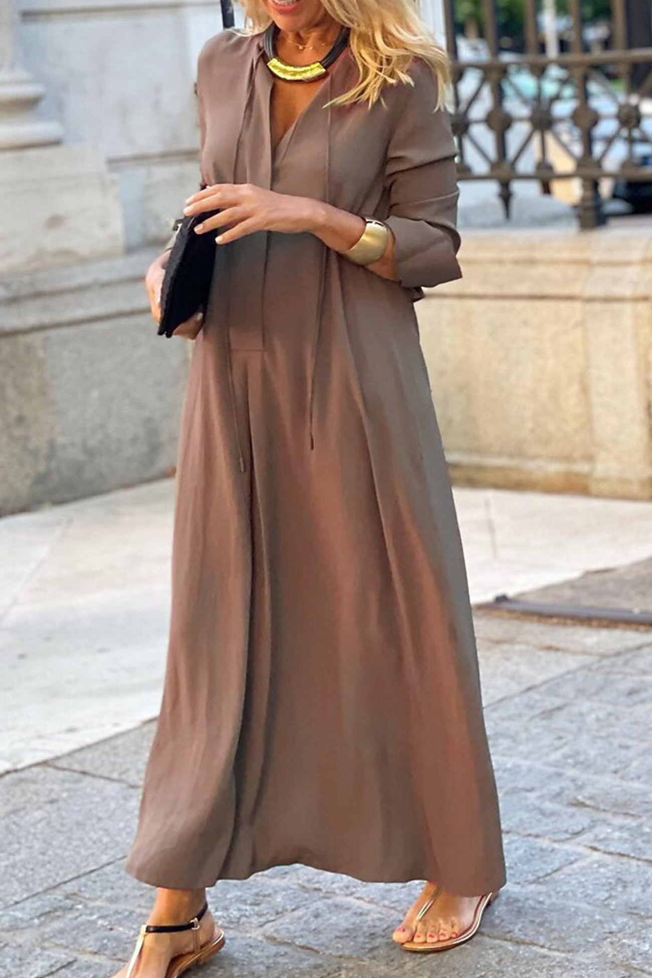 Tie-up Long Sleeve Maxi Dress