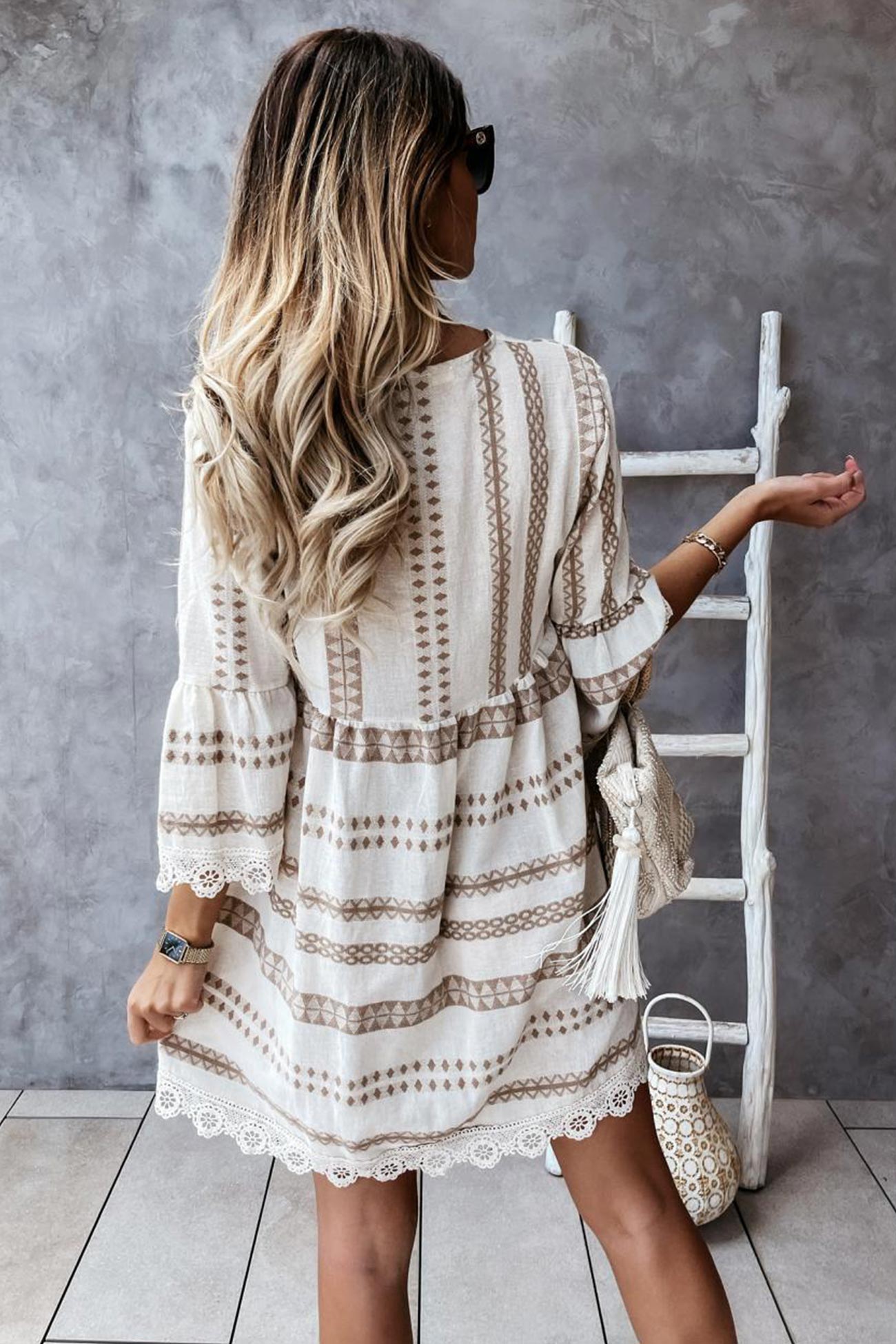 V Neck Lace Patchwork Striped Dress