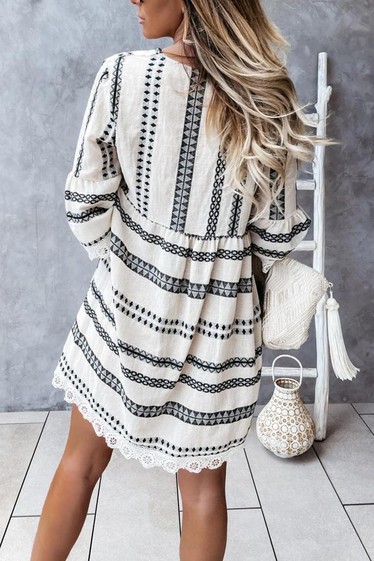 V Neck Lace Patchwork Striped Dress