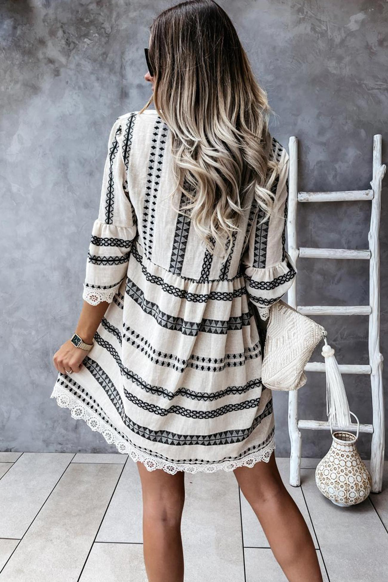 V Neck Lace Patchwork Striped Dress