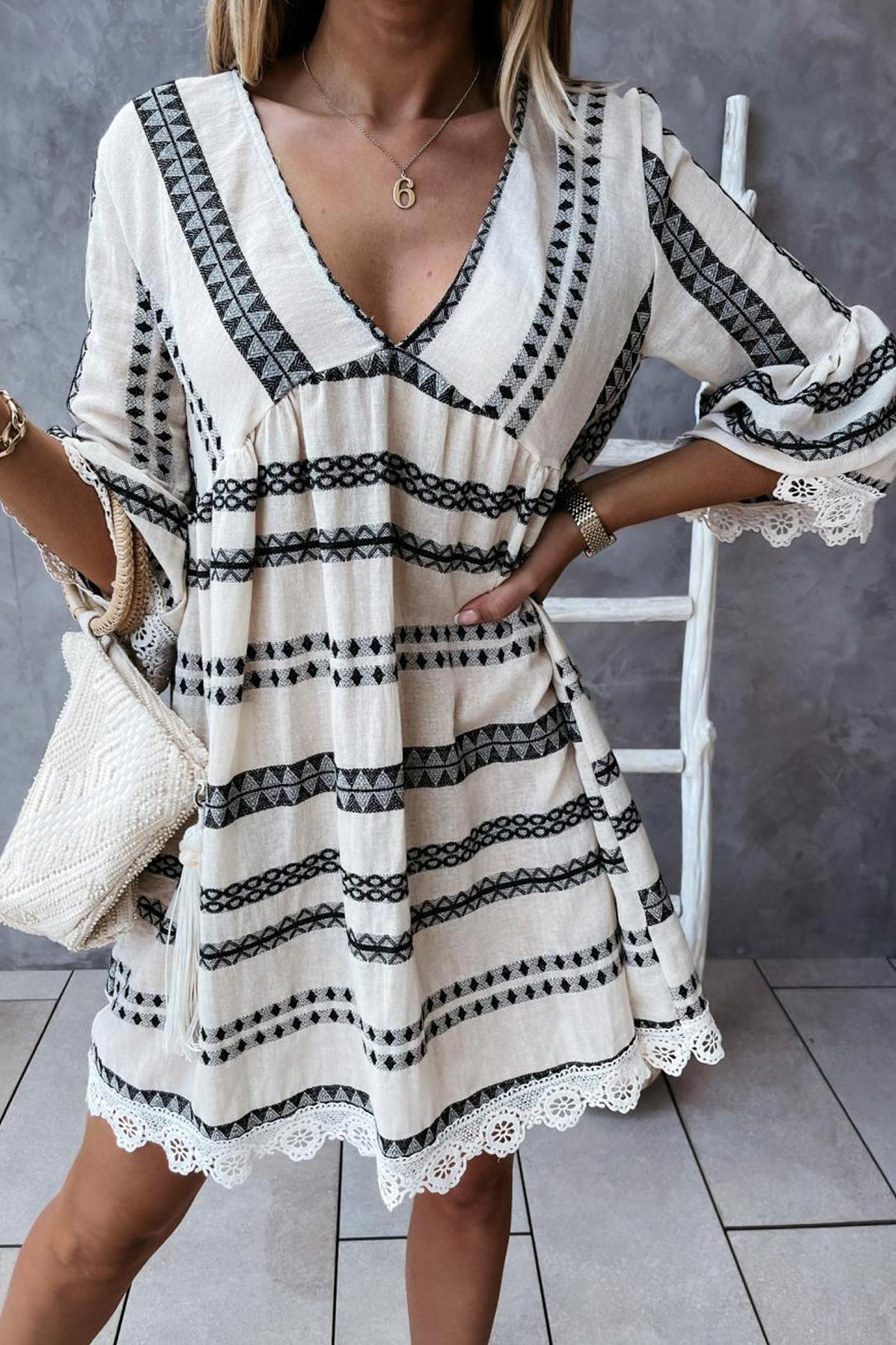 V Neck Lace Patchwork Striped Dress