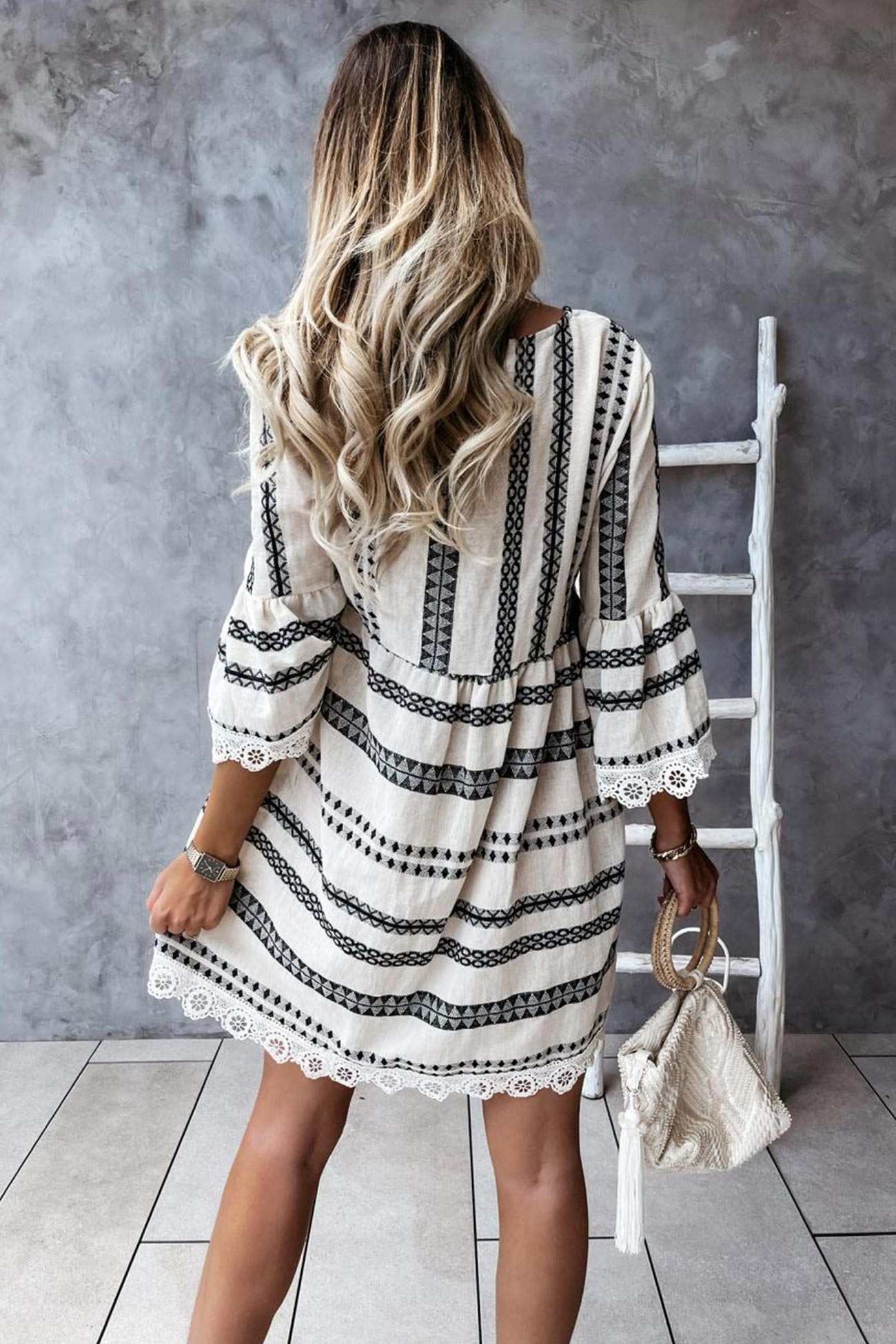 V Neck Lace Patchwork Striped Dress