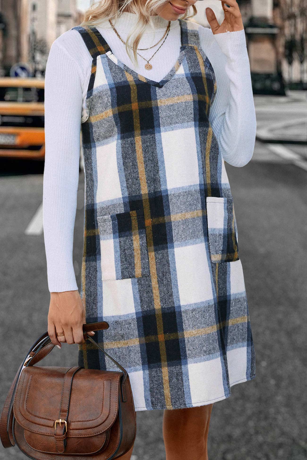 V Neck Plaid Tank Dress