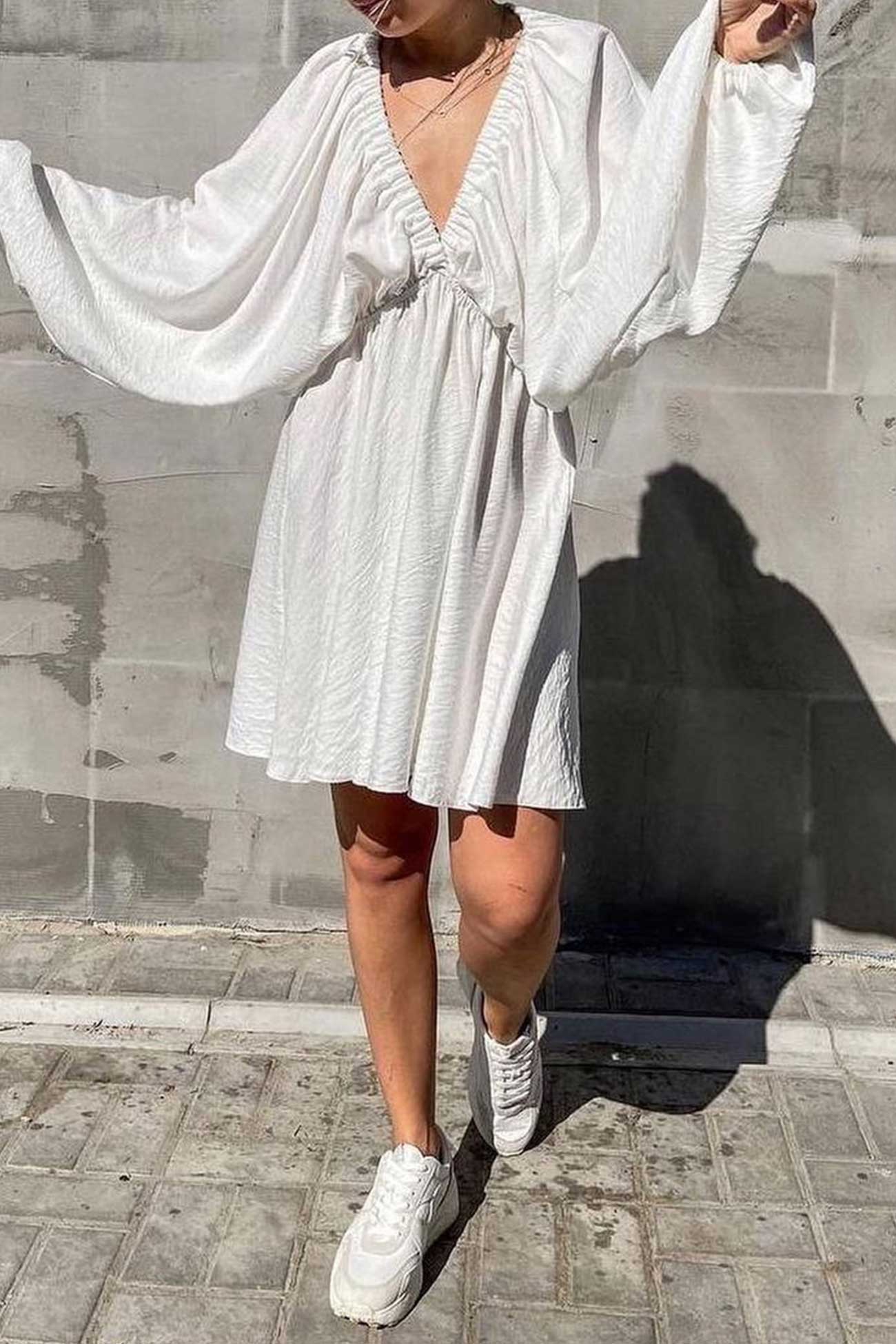 V Neck Puff Sleeve Ruched Dress