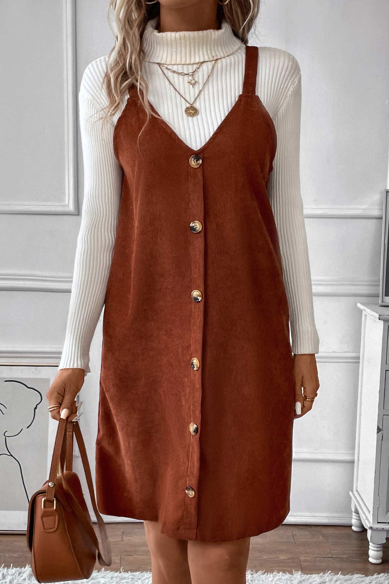 V Neck Single-breasted Corduroy Cami Dress