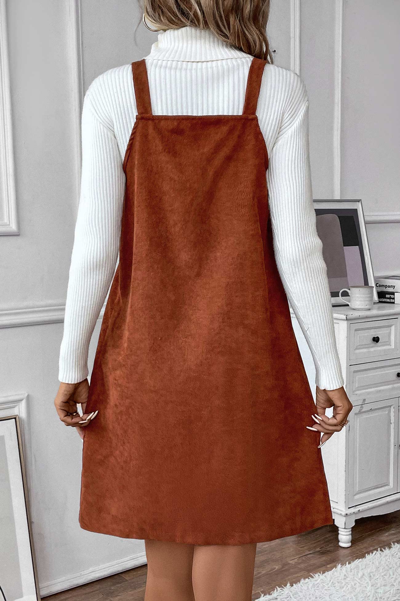 V Neck Single-breasted Corduroy Cami Dress