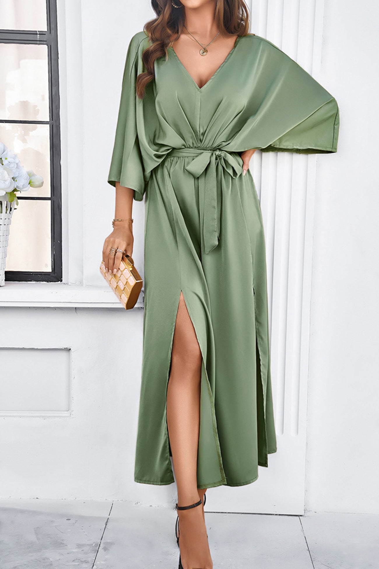 V Neck Tie-waist Slit Dress