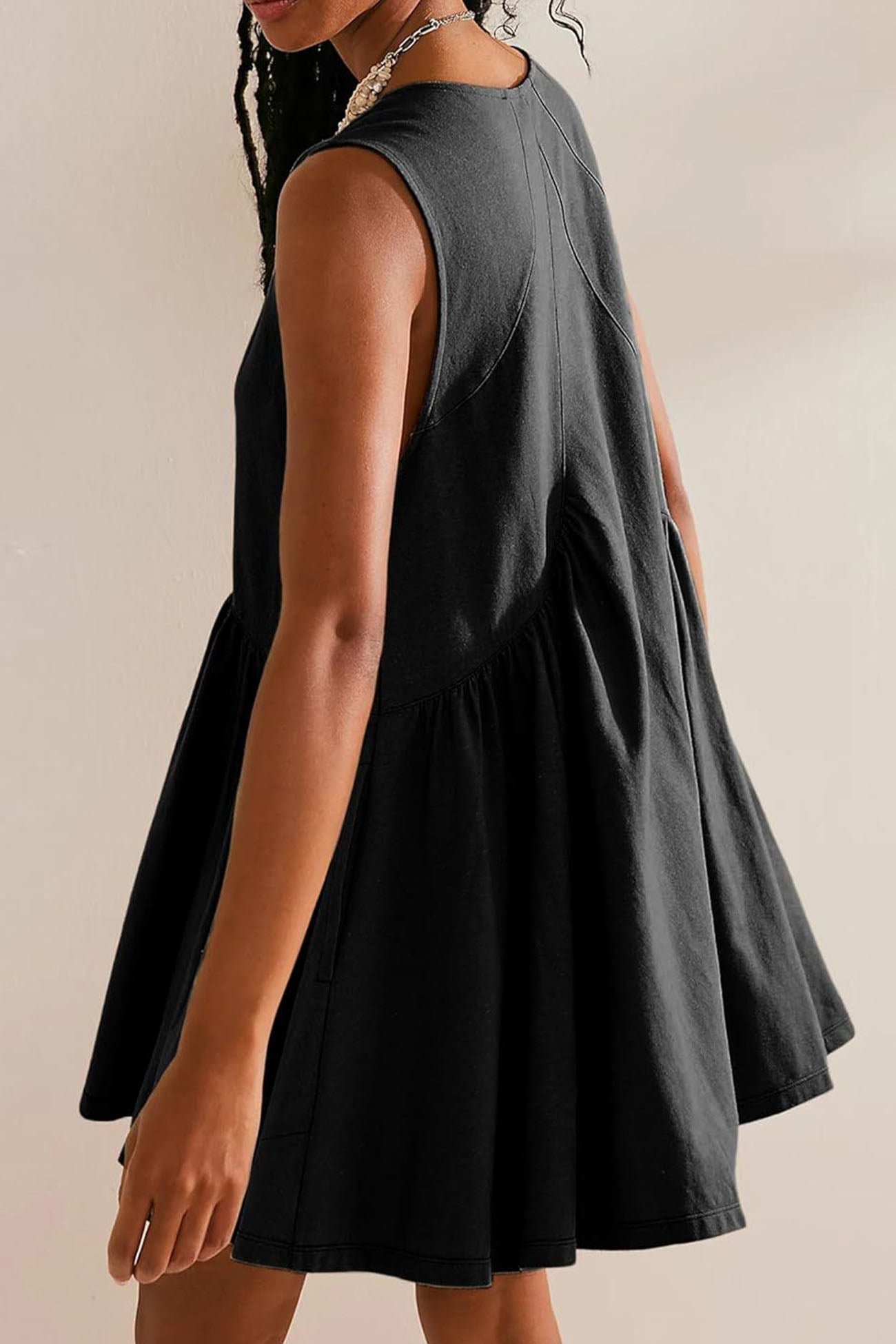 V Neck Sleeveless Pocket Pleated Mini Dress