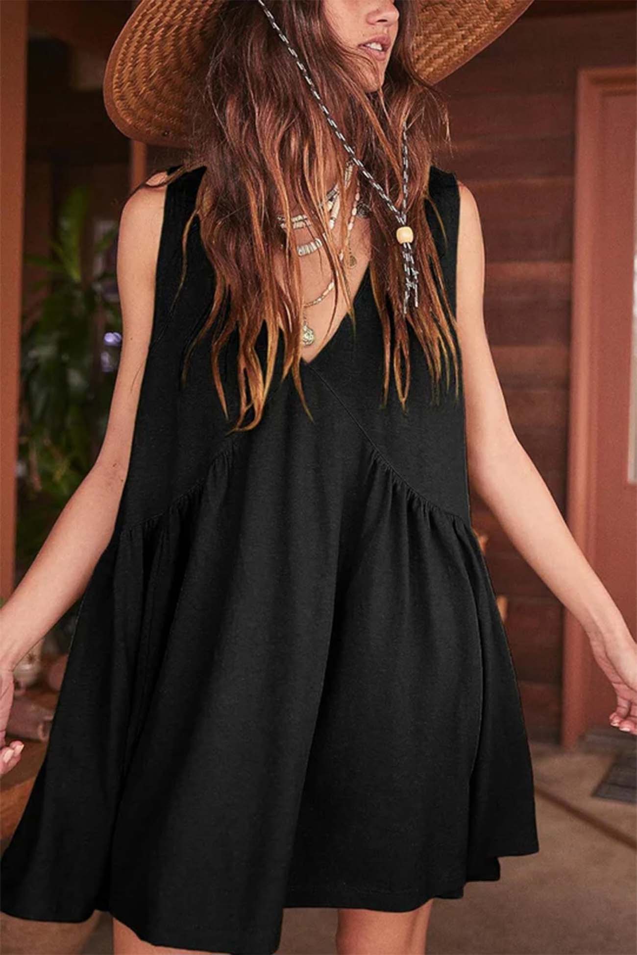 V Neck Sleeveless Pocket Pleated Mini Dress