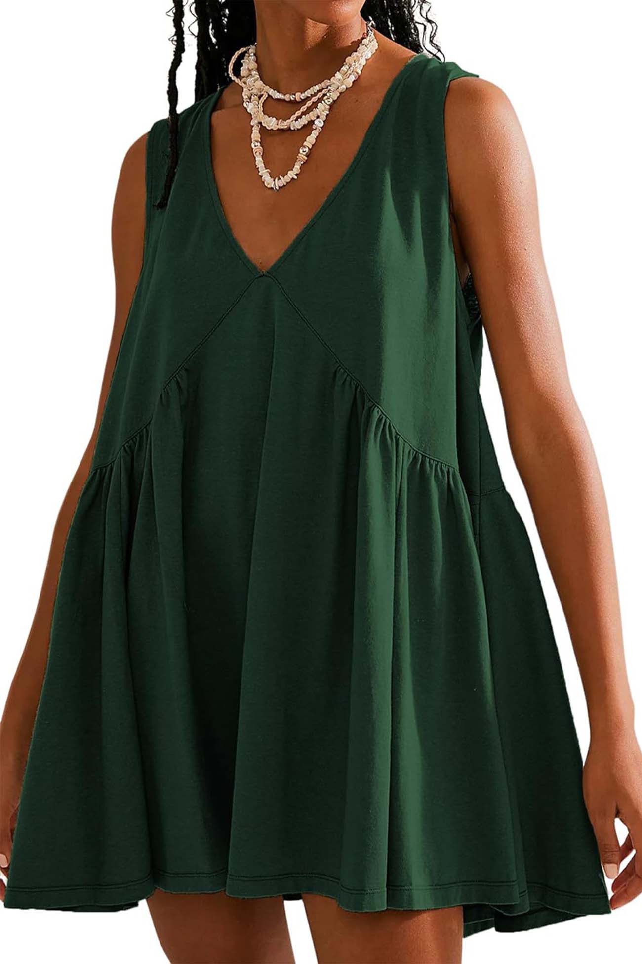 V Neck Sleeveless Pocket Pleated Mini Dress