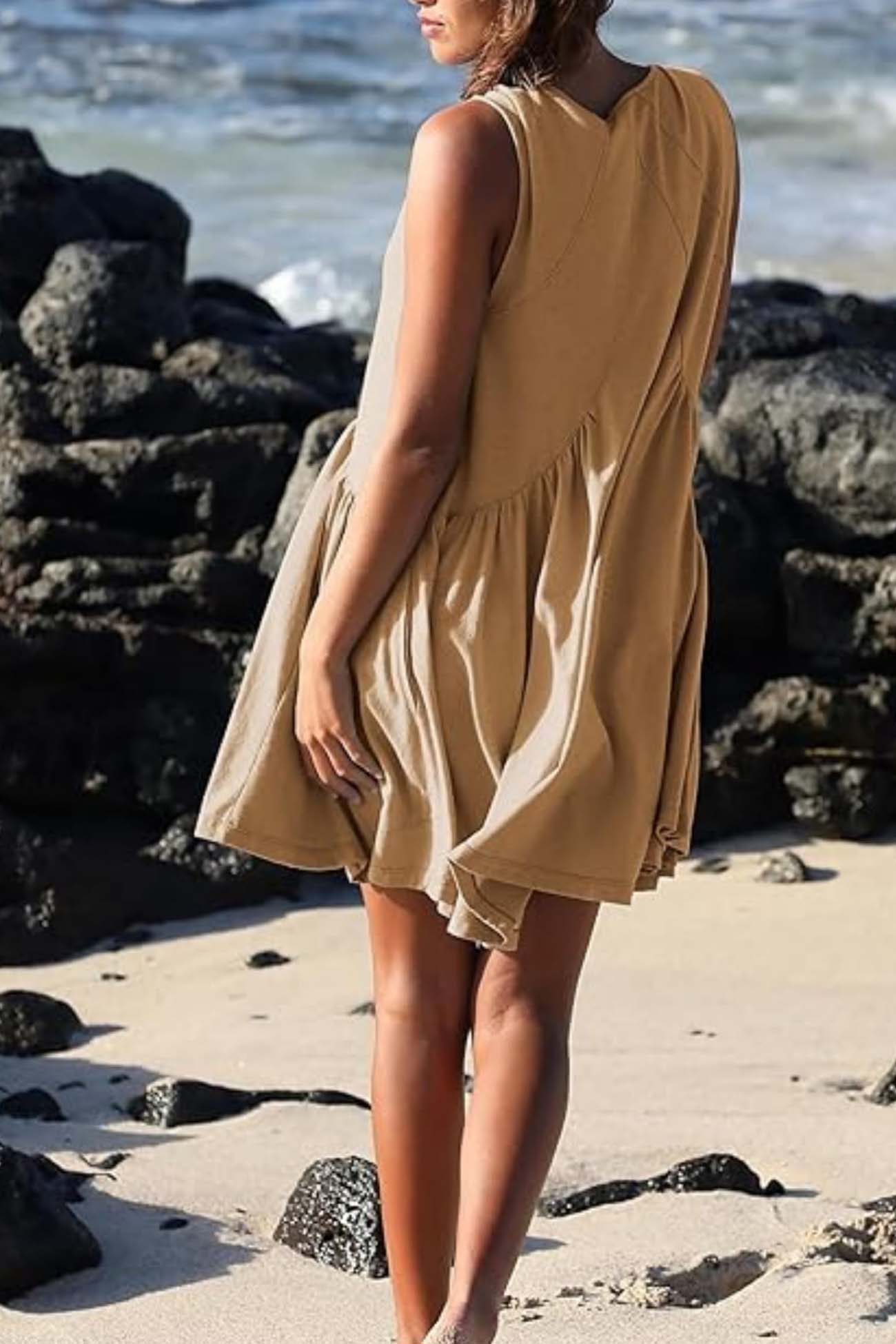 V Neck Sleeveless Pocket Pleated Mini Dress