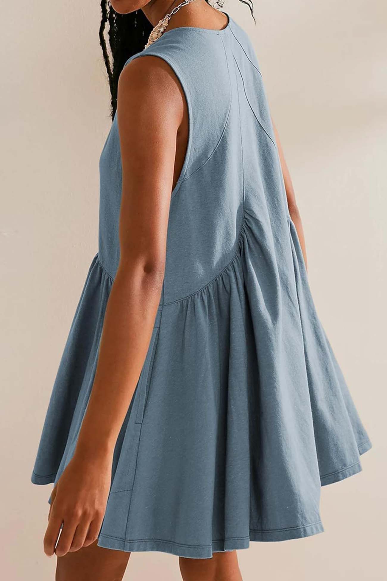 V Neck Sleeveless Pocket Pleated Mini Dress