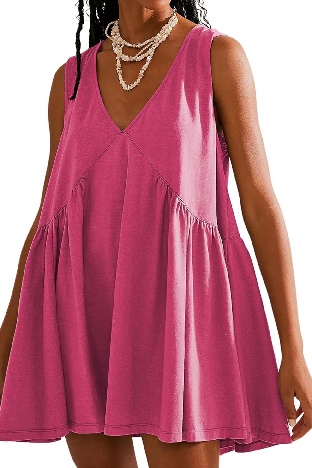 V Neck Sleeveless Pocket Pleated Mini Dress