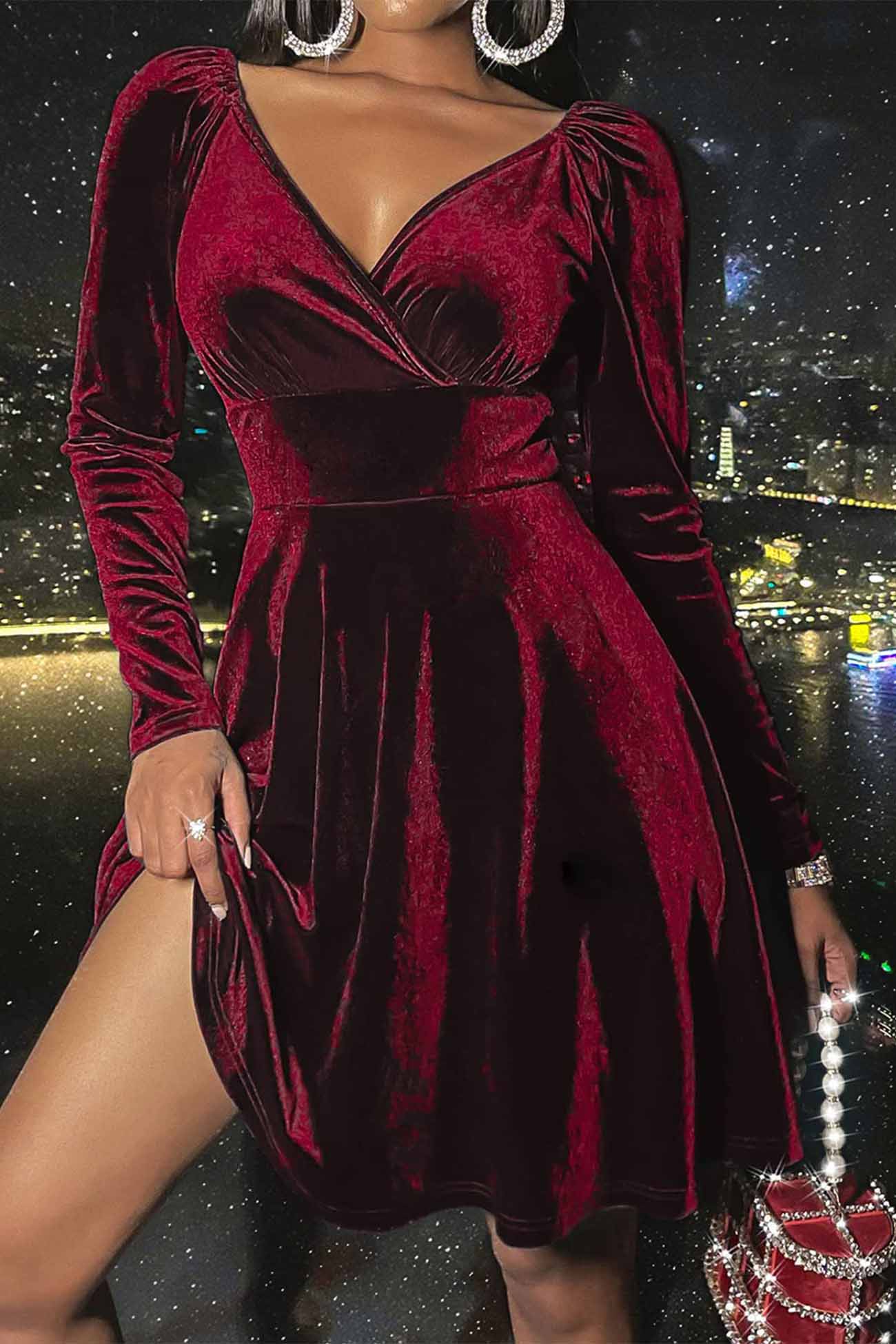 Velvet Deep V Neck Long Sleeve Mini Dress