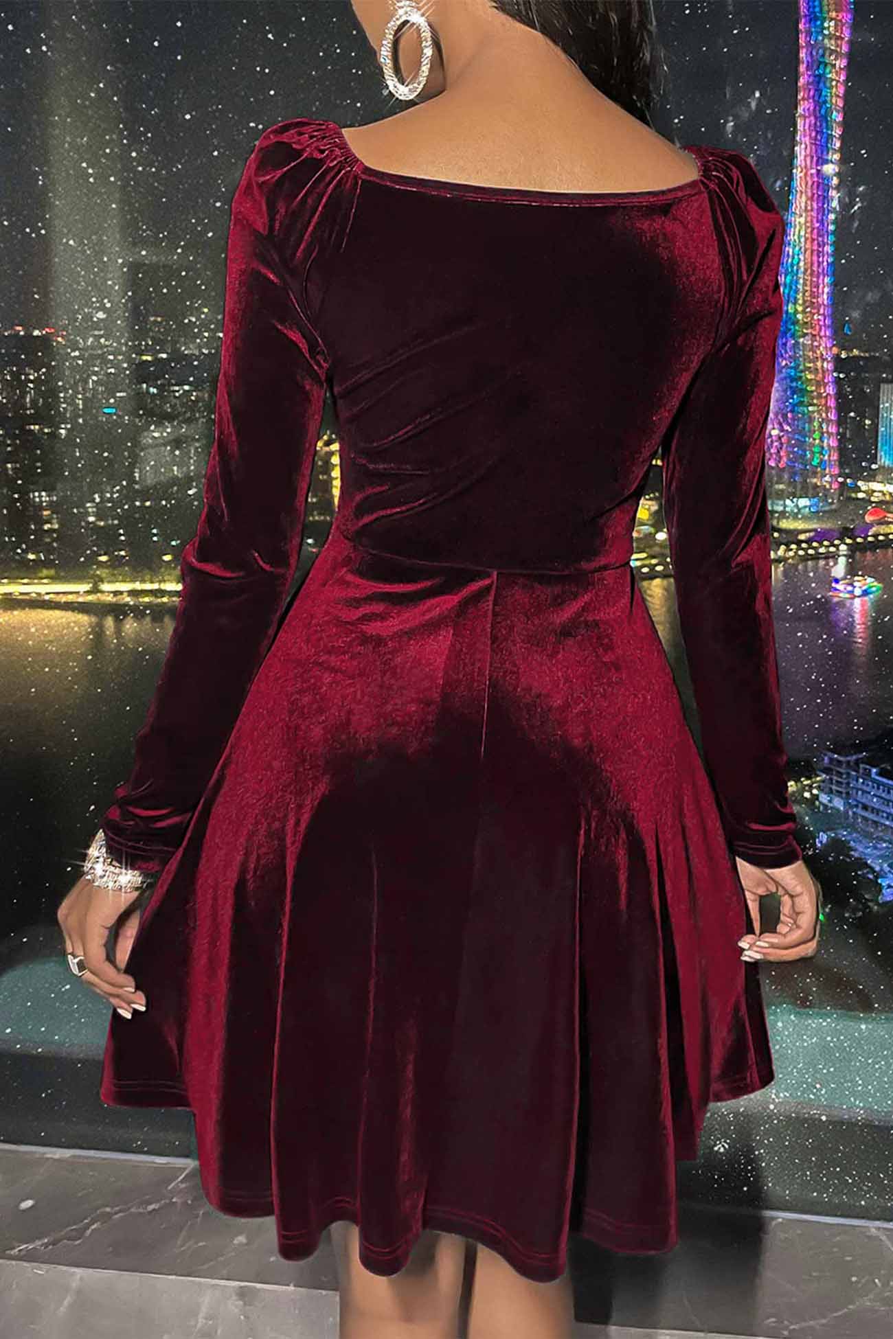 Velvet Deep V Neck Long Sleeve Mini Dress