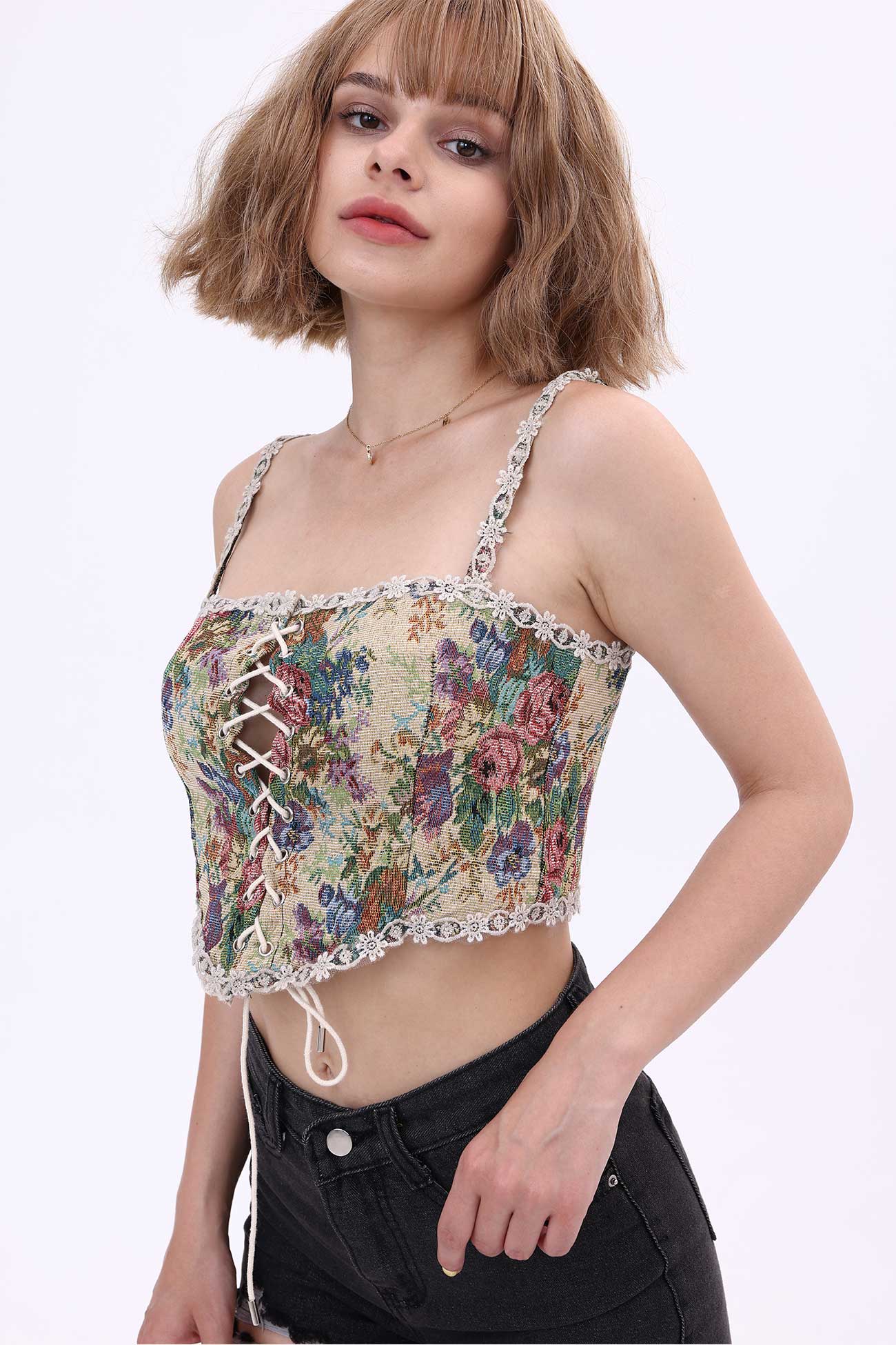 Vintage-print Crochet Corset Tube Top