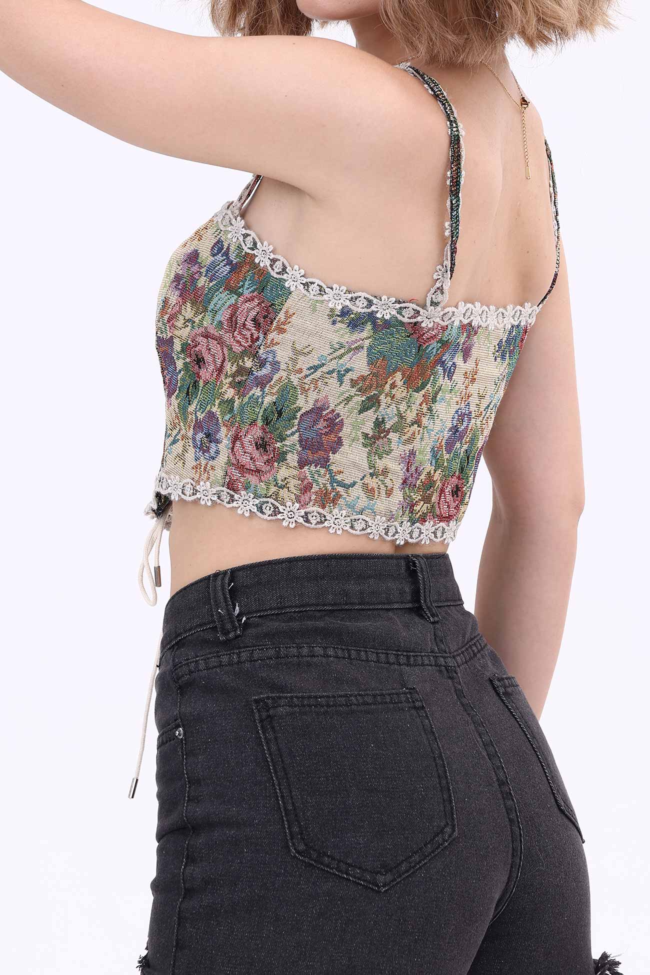 Vintage-print Crochet Corset Tube Top