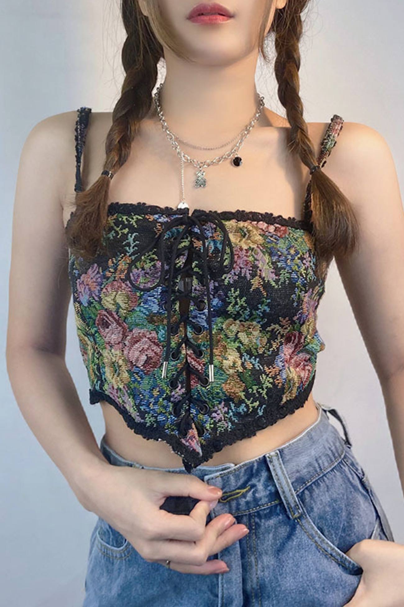 Vintage-print Crochet Corset Tube Top