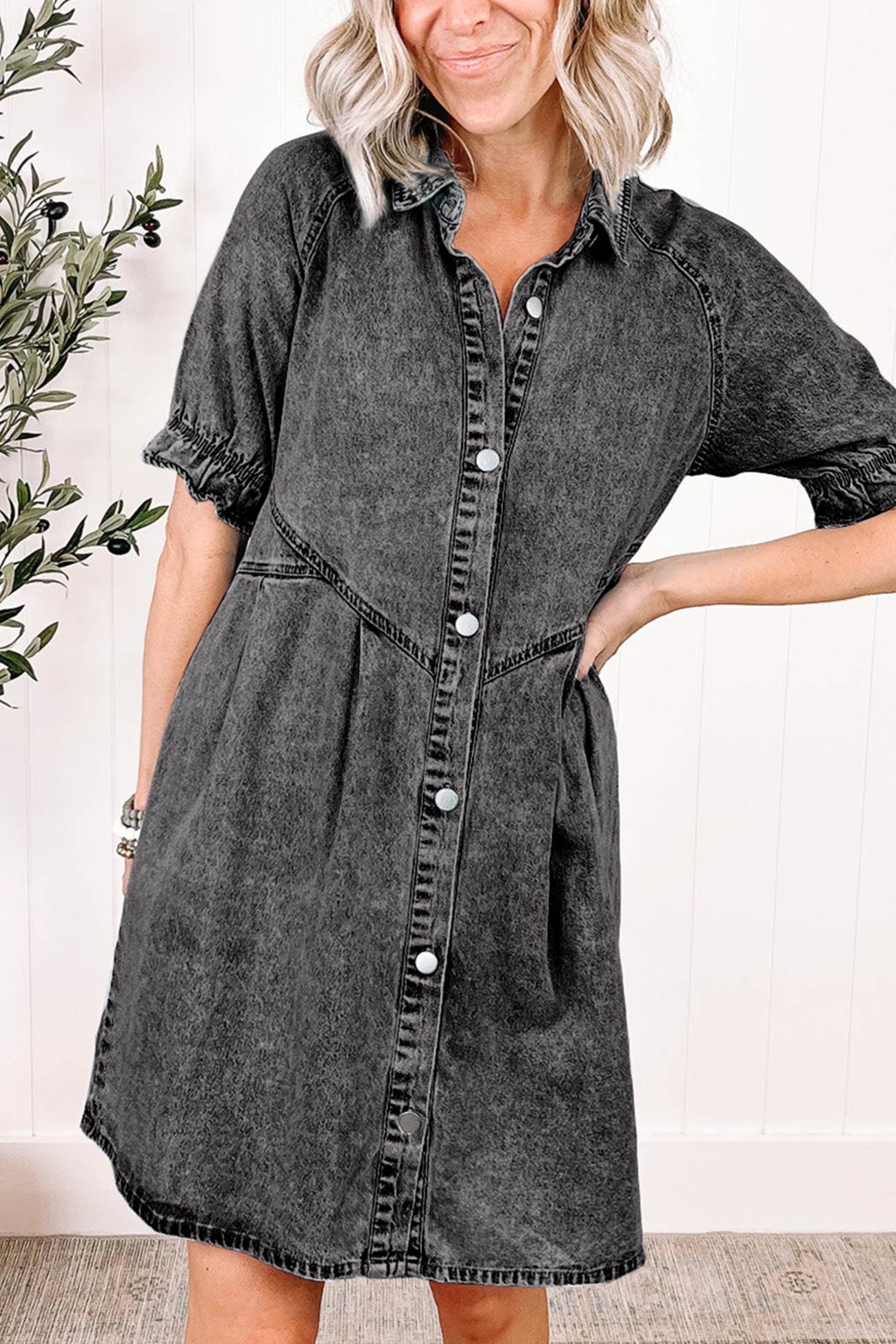 Wash Ruffled Single-breasted Denim Dress