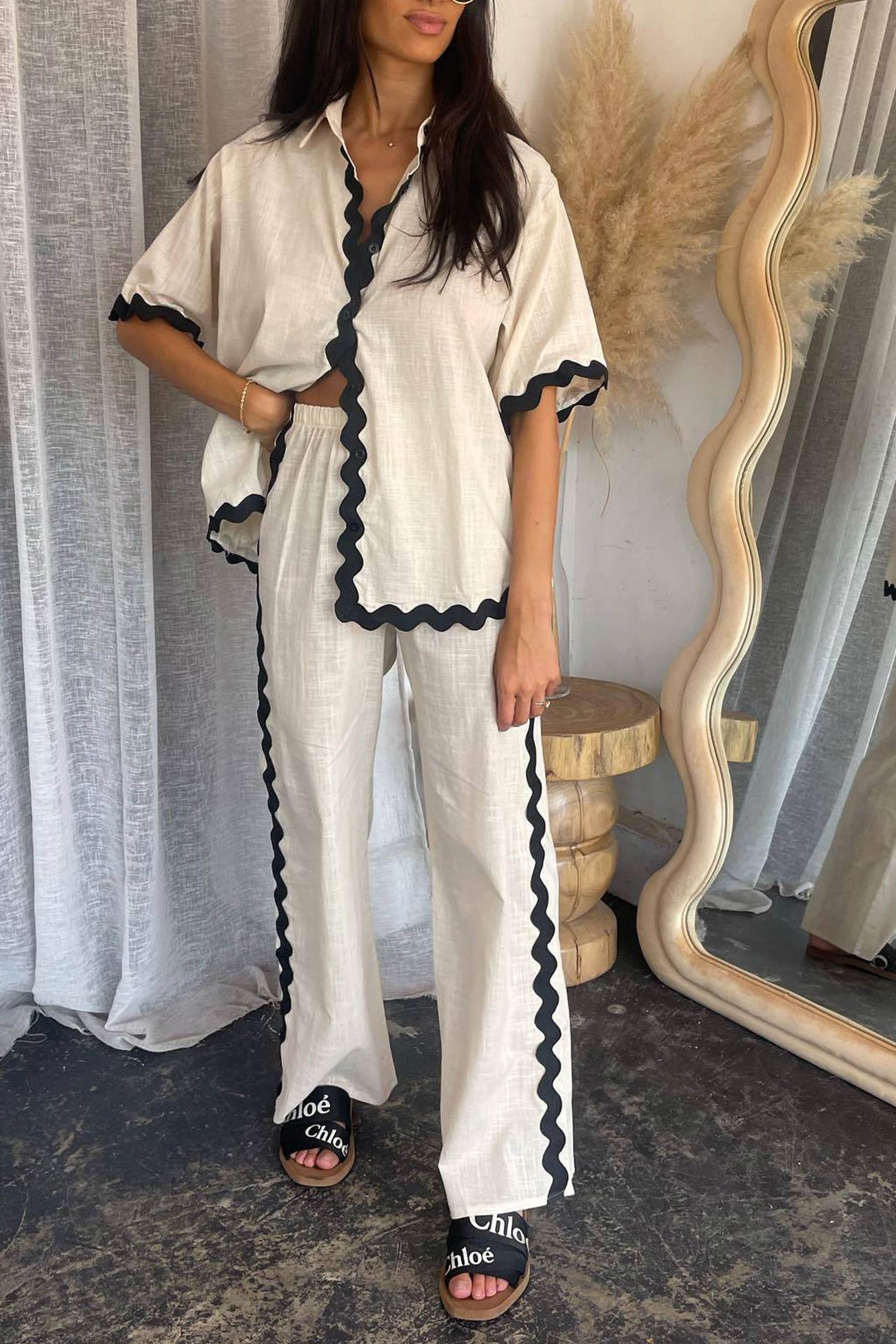 Wavy Stitching Blouse Long Pants Set