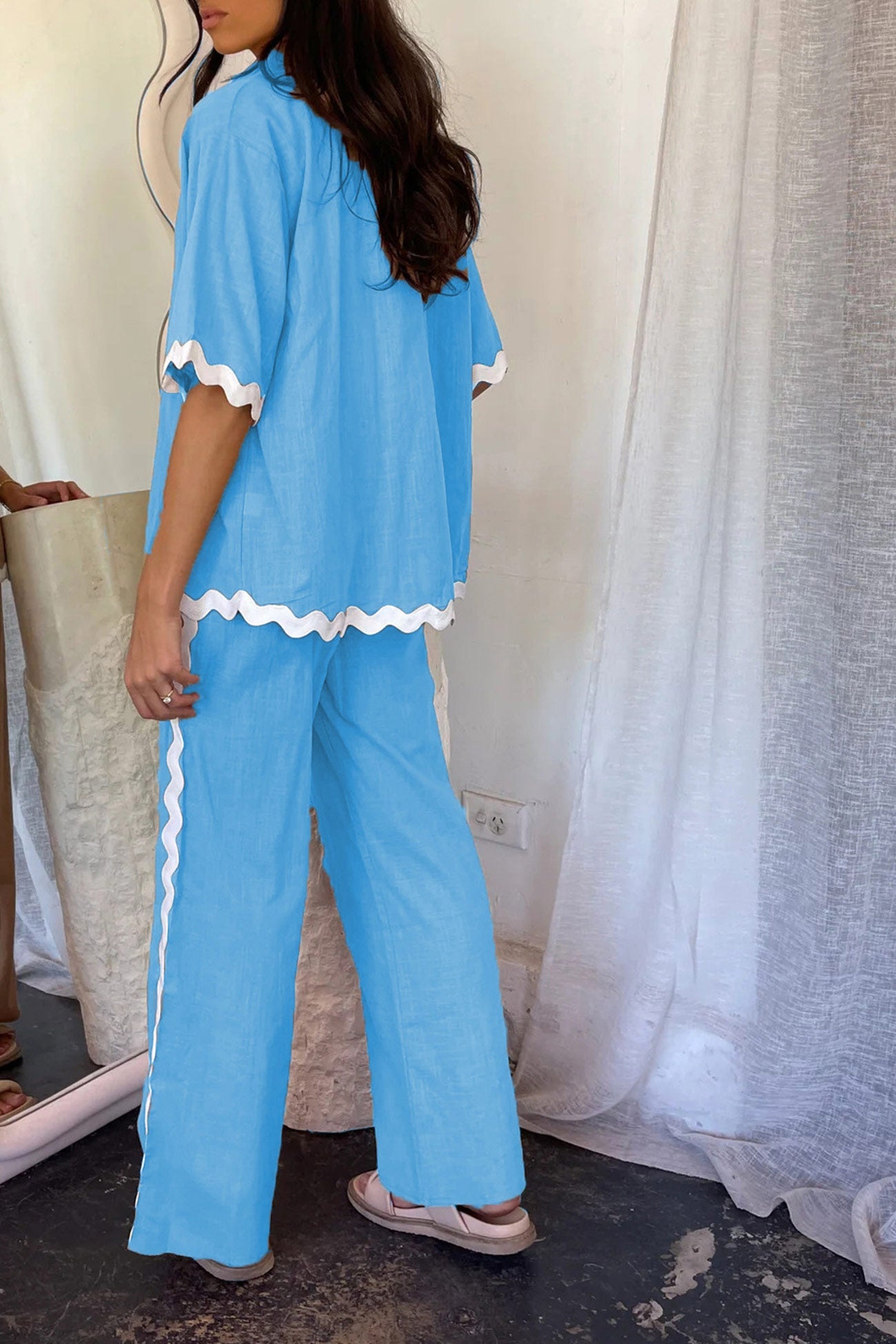 Wavy Stitching Blouse Long Pants Set