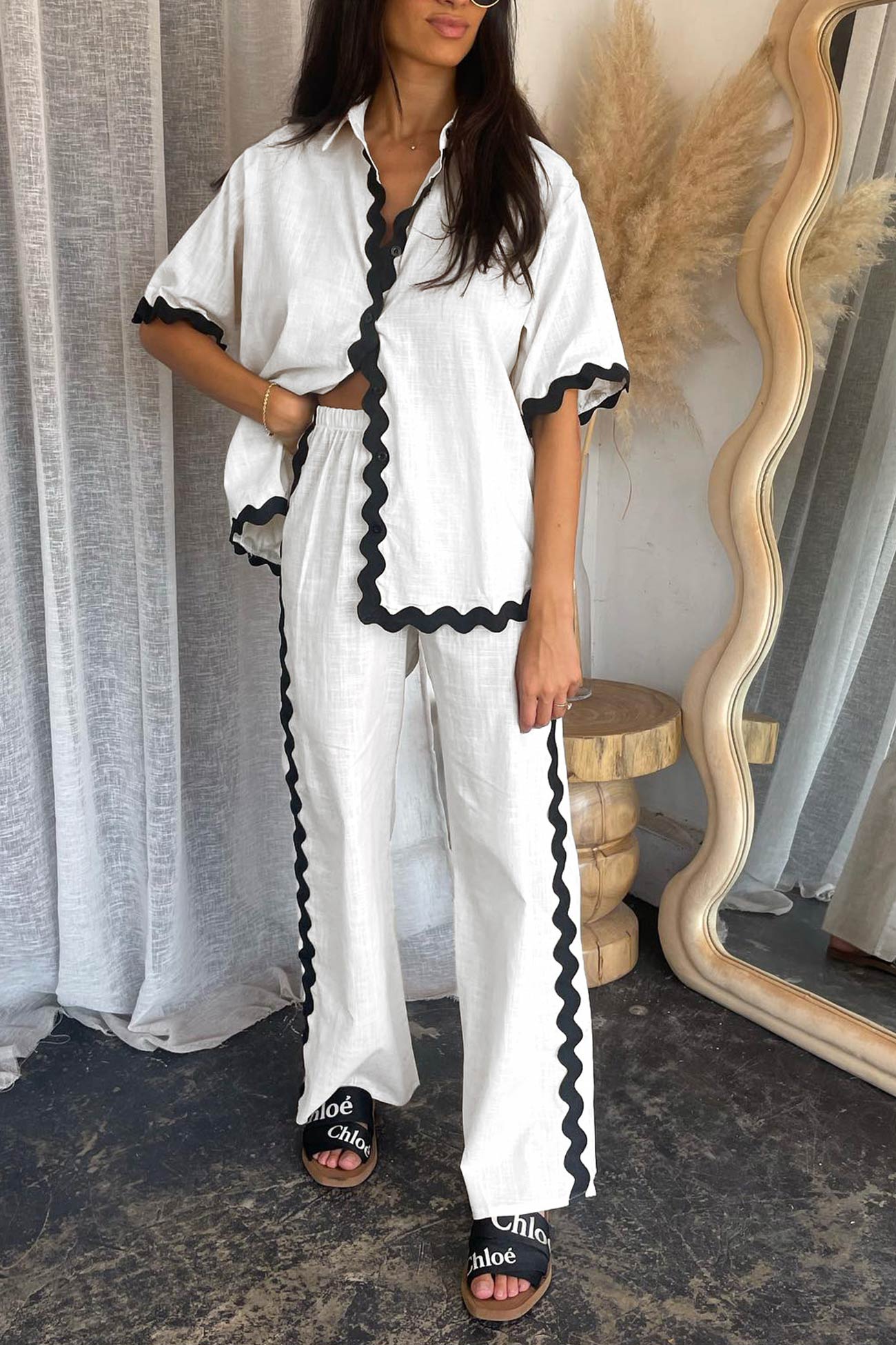 Wavy Stitching Blouse Long Pants Set