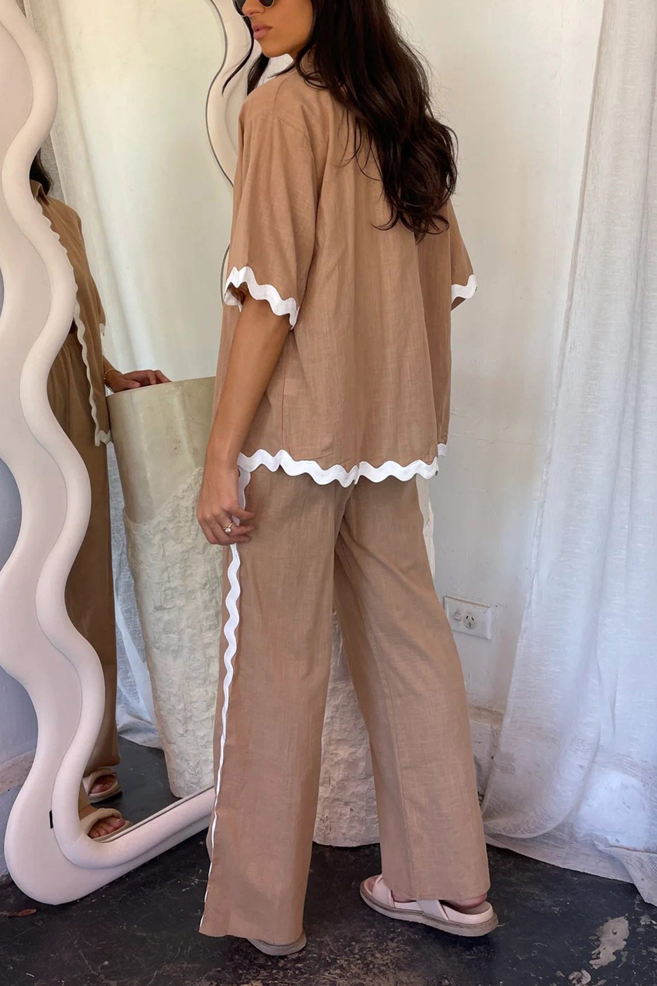 Wavy Stitching Blouse Long Pants Set