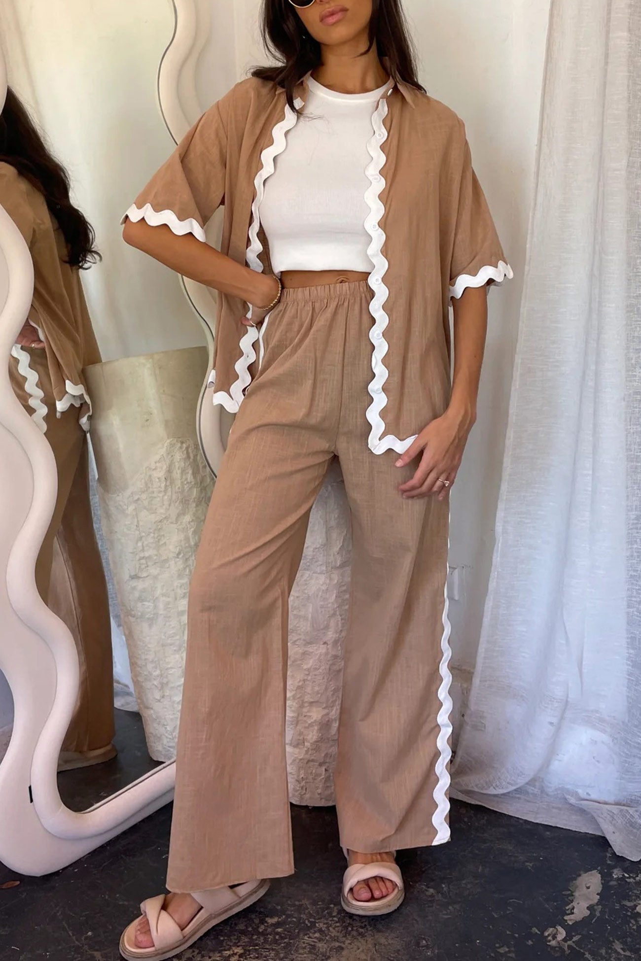 Wavy Stitching Blouse Long Pants Set