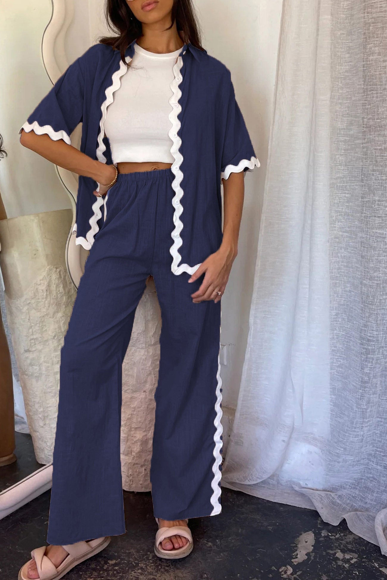 Wavy Stitching Blouse Long Pants Set