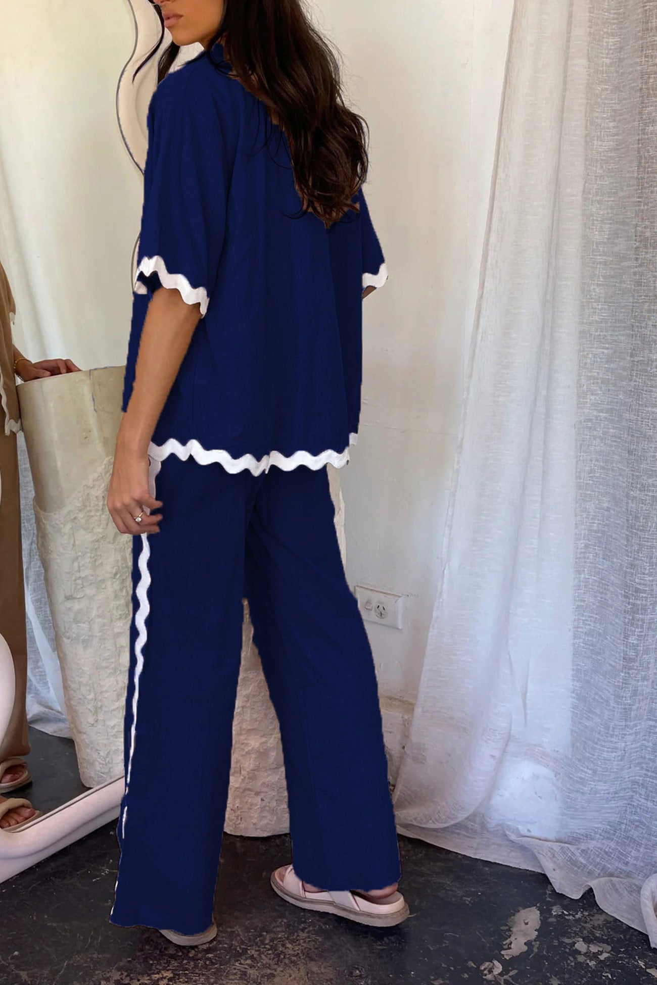 Wavy Stitching Blouse Long Pants Set