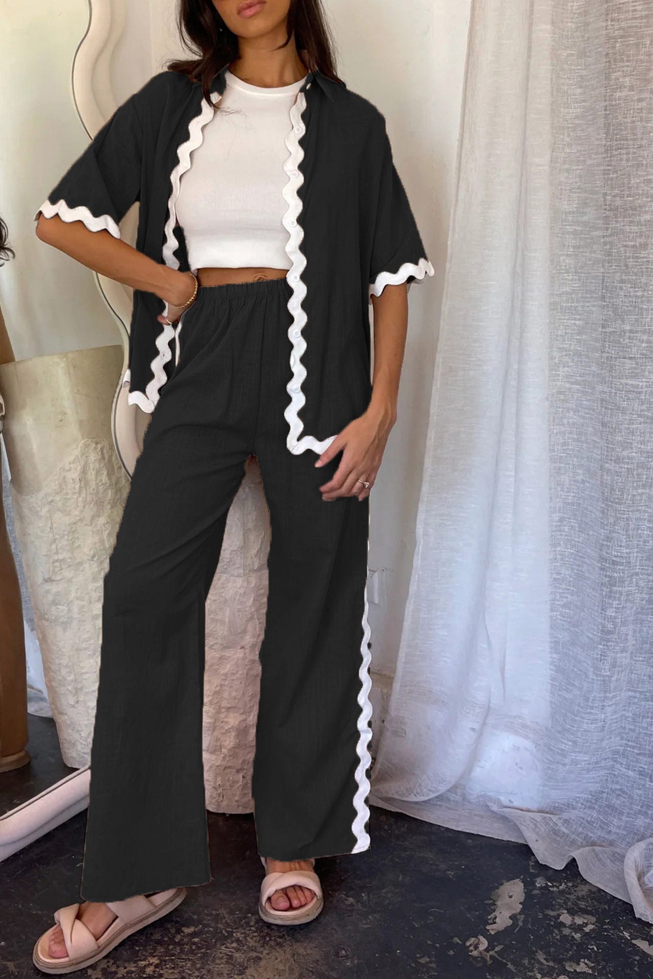 Wavy Stitching Blouse Long Pants Set