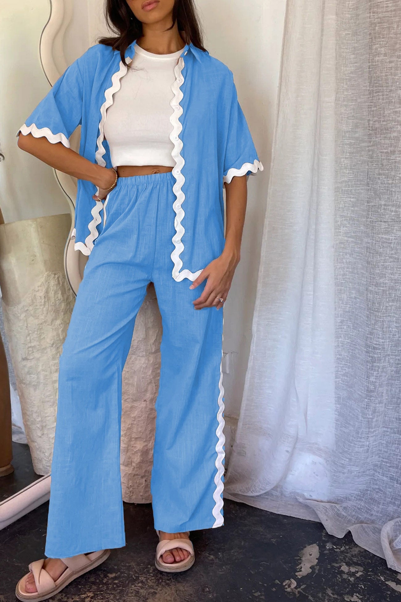 Wavy Stitching Blouse Long Pants Set