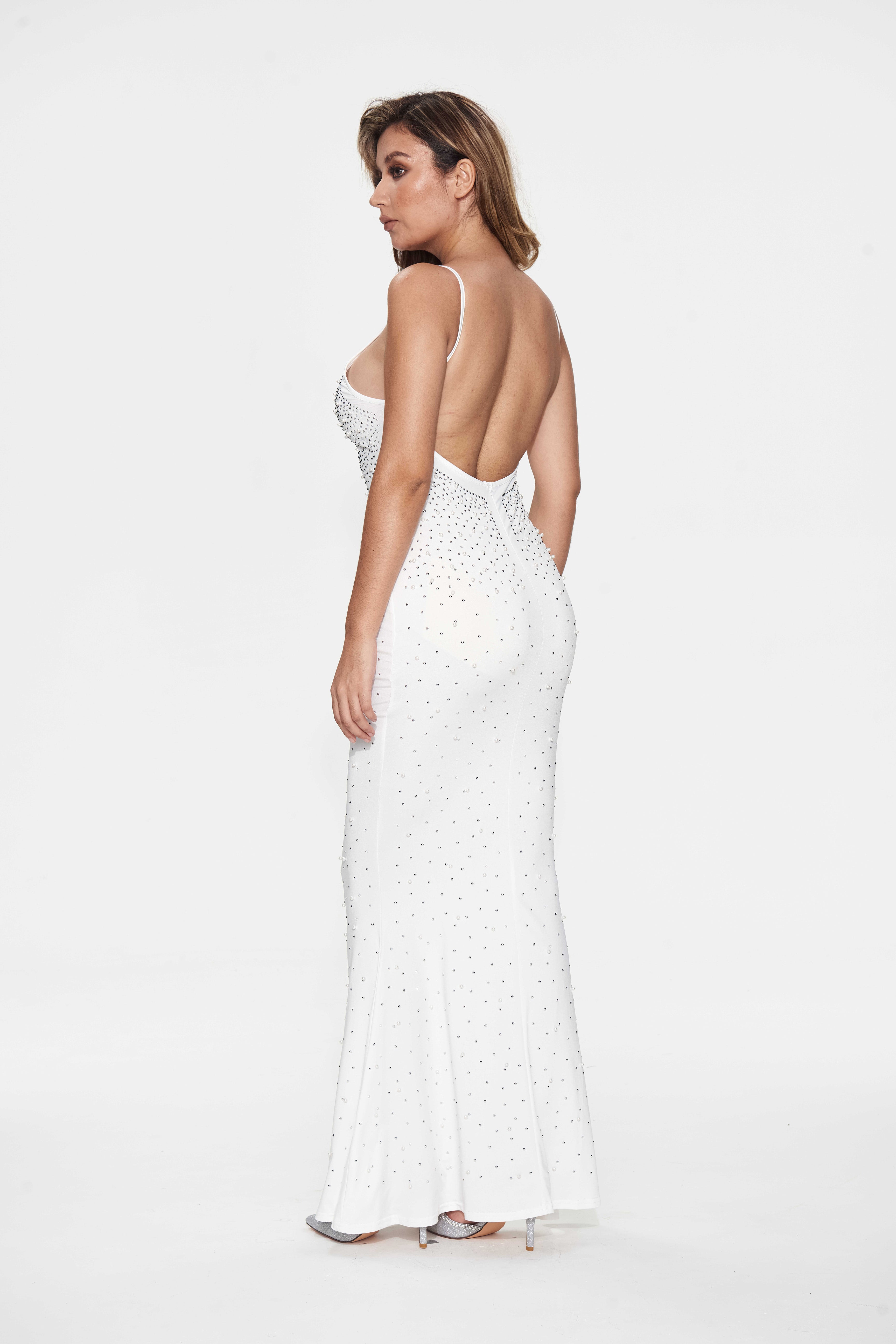 White Rhinestone Open Back Mermaid Maxi Dress TQK311126-1