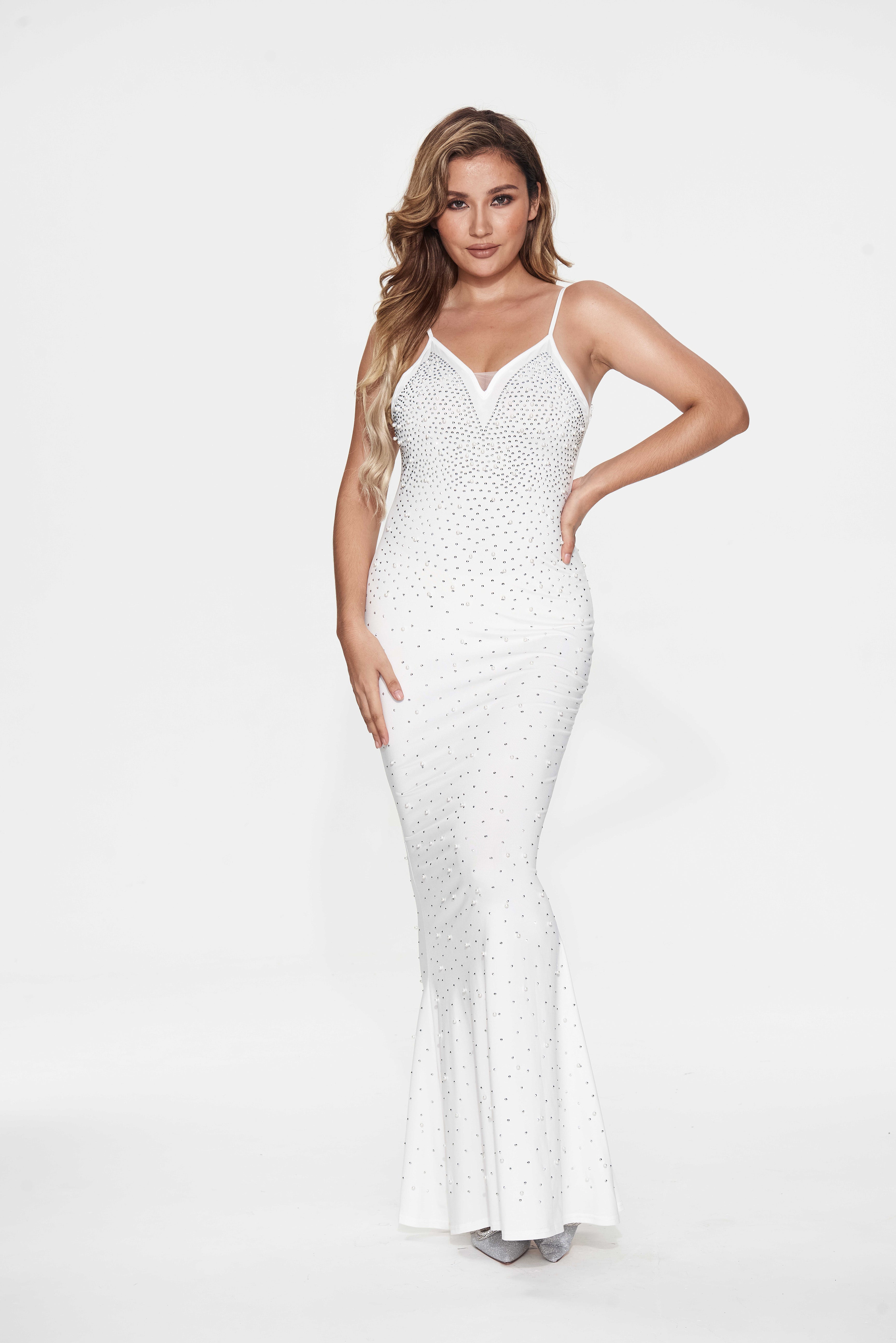 White Rhinestone Open Back Mermaid Maxi Dress TQK311126-1