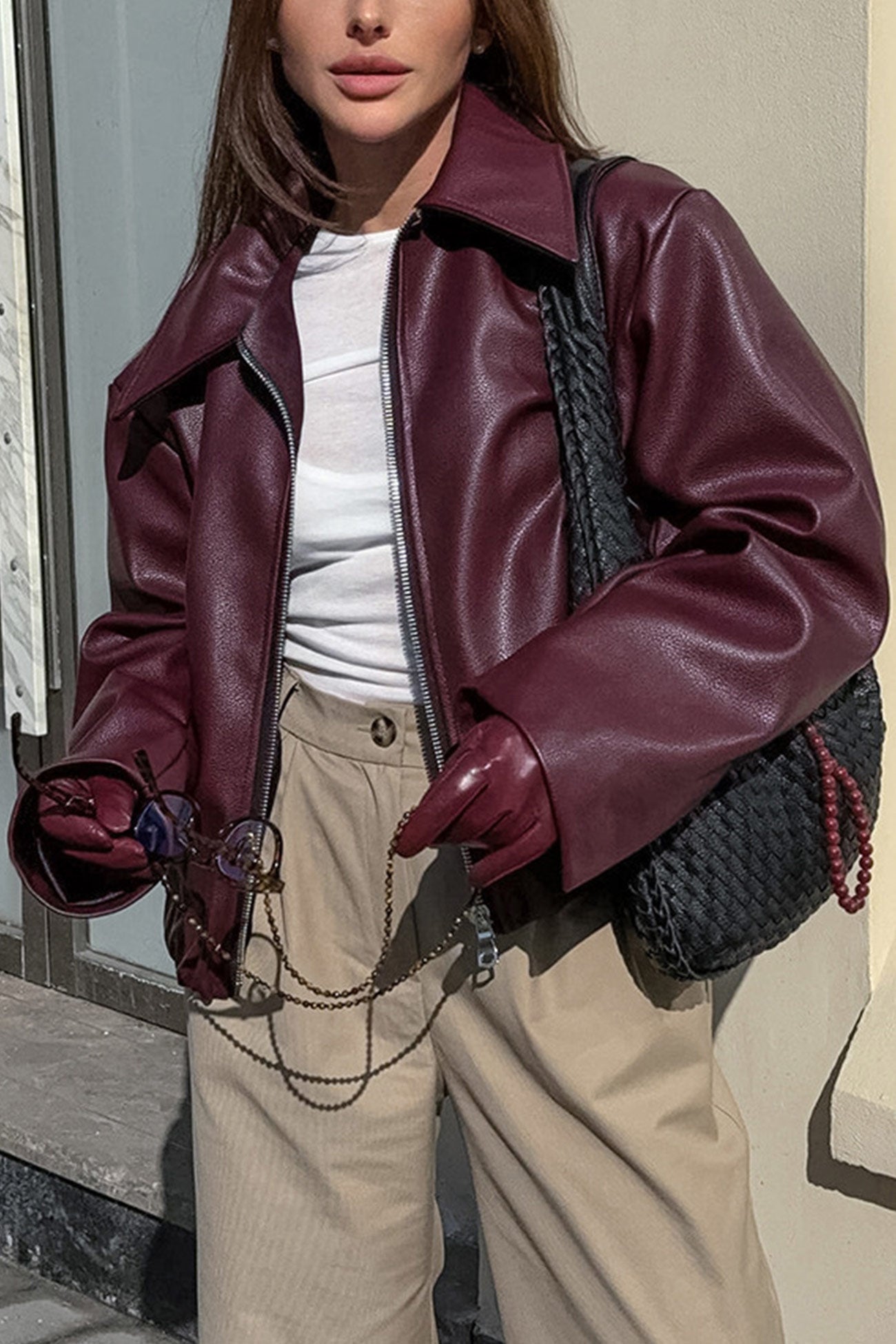 Wine Red Zip-up PU Jacket