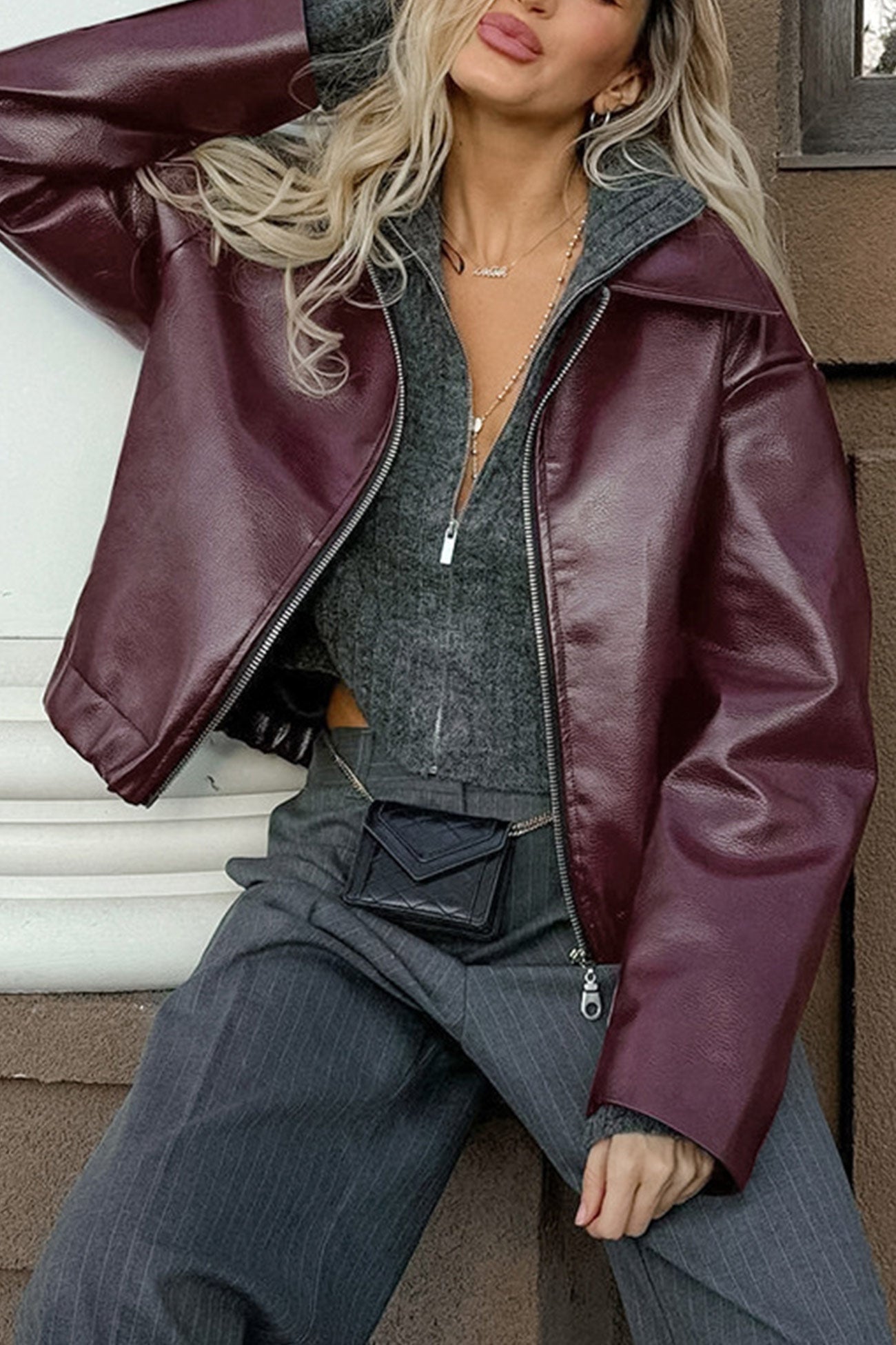 Wine Red Zip-up PU Jacket